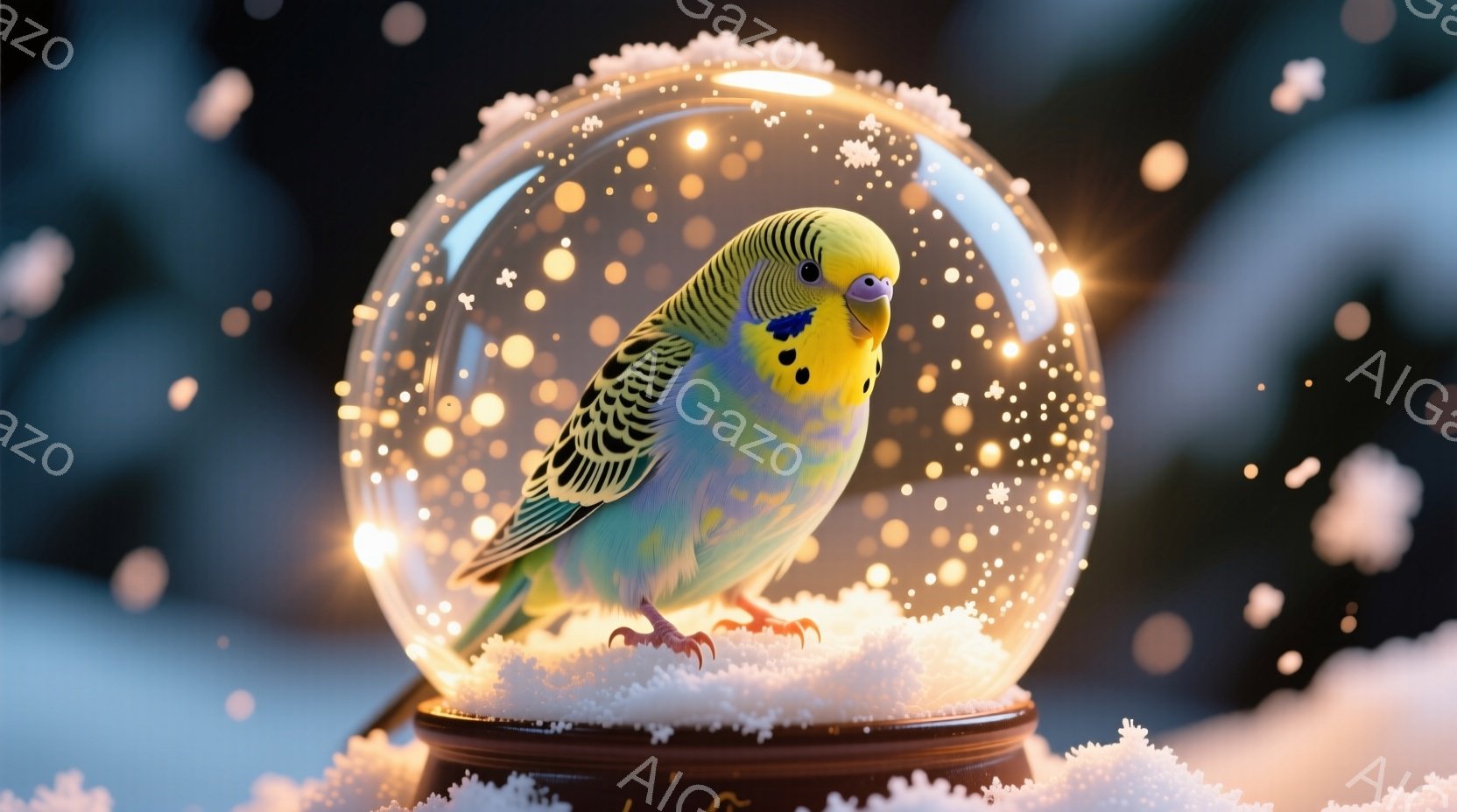 インコが雪の降る中で、透明なスノーグローブの中にいます。明るい黄緑色の体と黒い縞模様が特徴で、雪の上で小さな赤い足を踏みしめています。スノーグローブは暗い背景に浮かび、周りには雪片が舞い散っており、幻想的で冬らしい雰囲気を醸し出しています。
