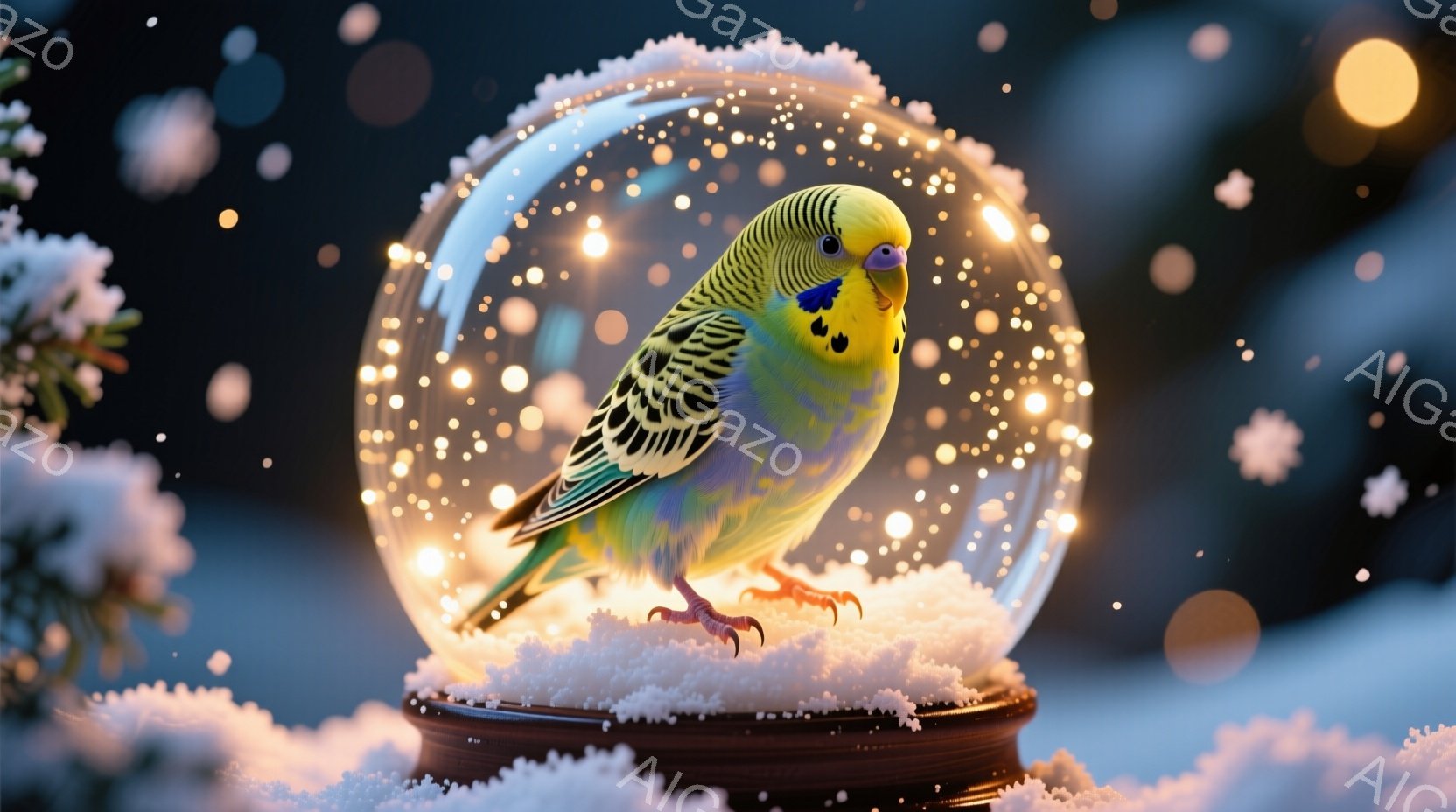 雪が舞う背景に、ガラス製のスノーグローブの中にオカメインコが立っている。オカメインコは黄色と緑の鮮やかな羽を持ち、雪の上に堂々と立っている姿は可愛らしい。スノーグローブは暗い木製の台座の上に置かれ、周りには雪が降り積もっており、幻想的な冬の雰囲気を醸し出している。