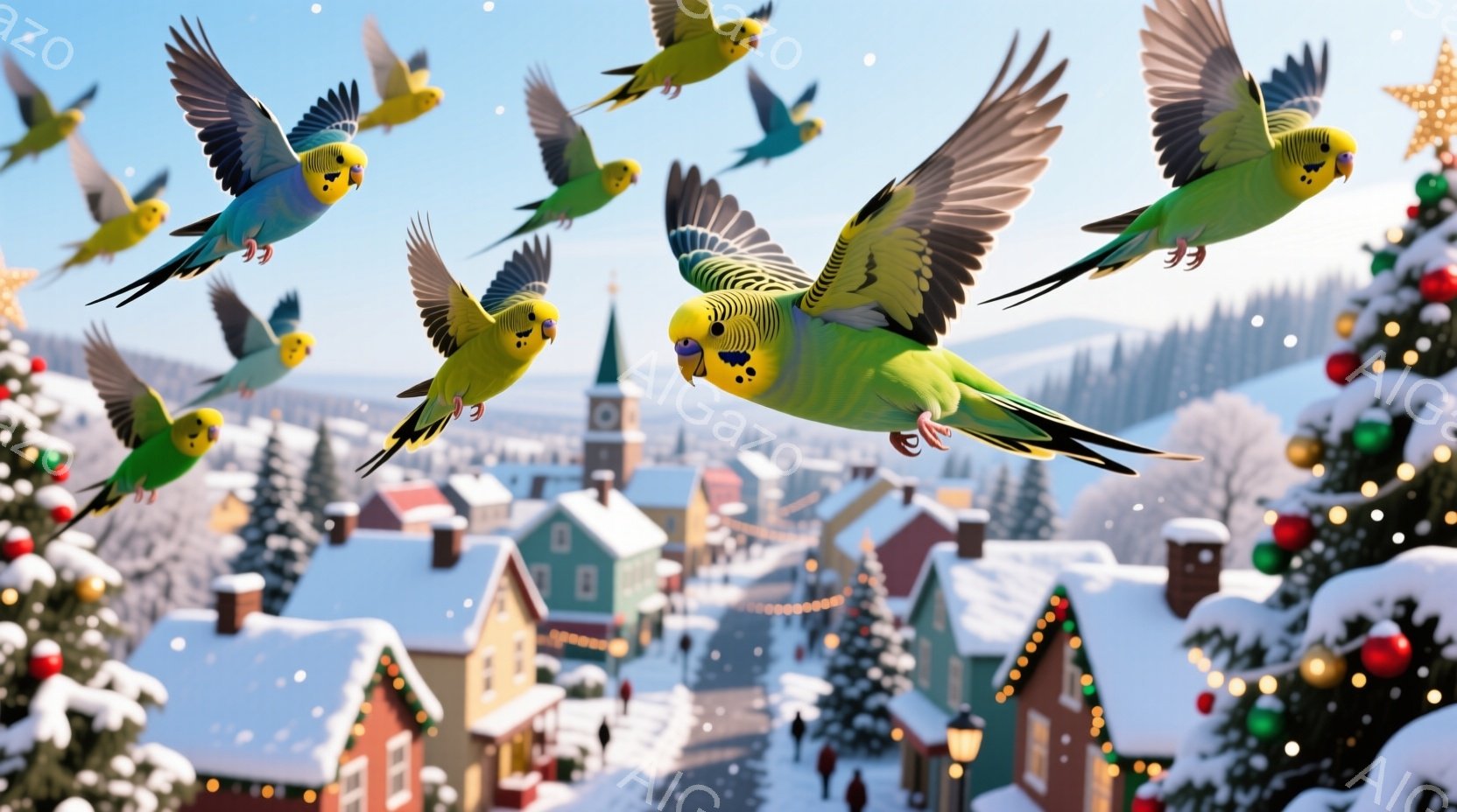 雪に覆われた小さな町並みが広がり、その上空を多数のセキセイインコが舞っている様子が描かれている。建物はカラフルで可愛らしく、クリスマスの飾り付けが施されており、雪景色と相まって温かみのある雰囲気を醸し - AI生成フリー素材