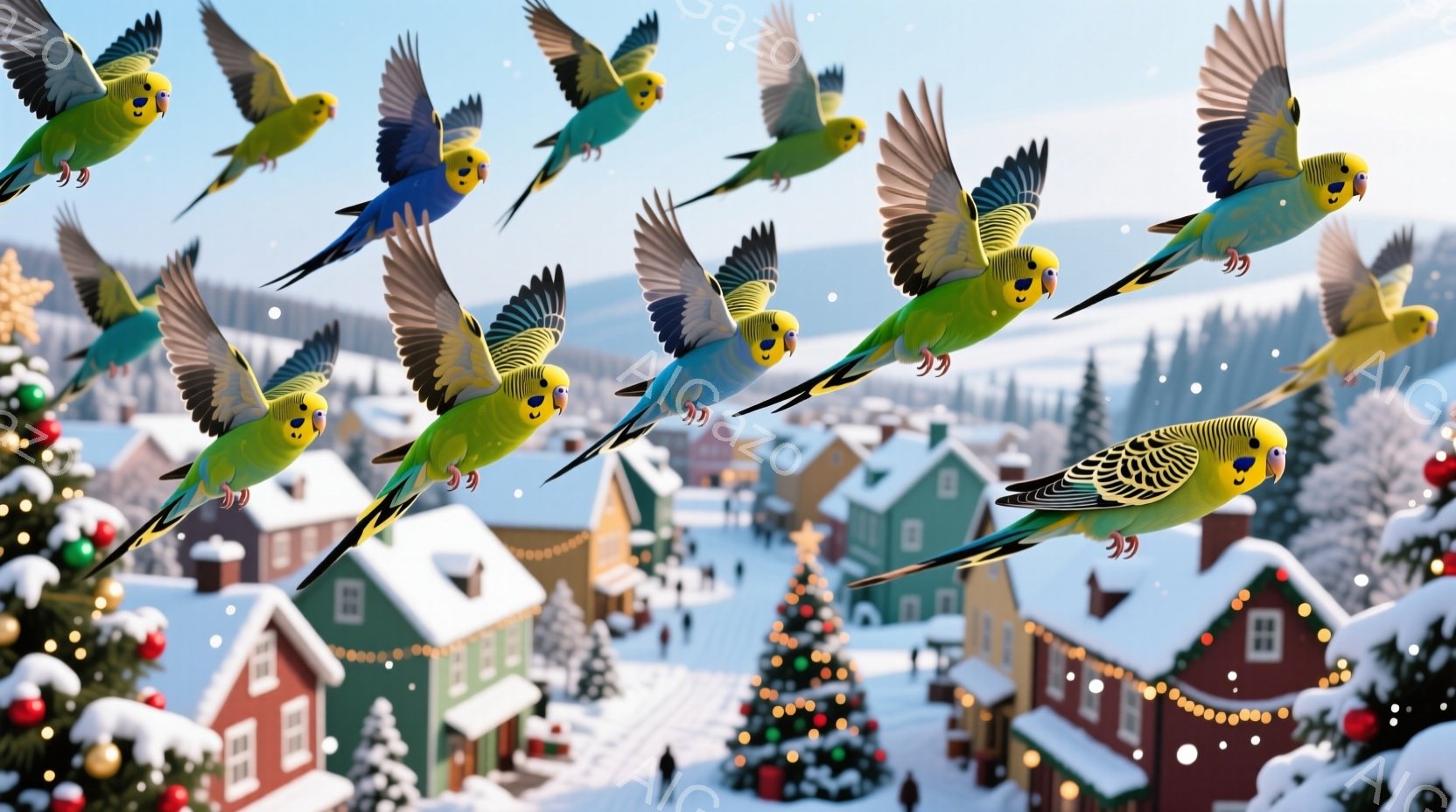 雪が降る冬の風景の中に、多くのセキセイインコが群れをなして飛んでいます。可愛らしい家々が並び、クリスマスツリーが飾られており、温かく幻想的な雰囲気が漂っています。雪景色と鮮やかなインコたちのコントラス - AI生成フリー素材