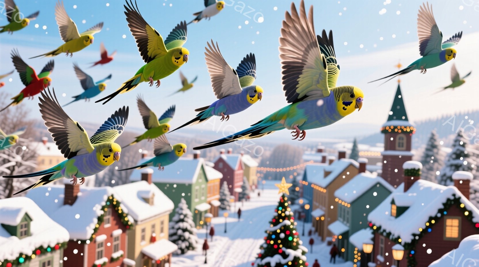 雪が降り積もる、可愛らしい街並みが描かれています。色とりどりのセキセイインコたちが空を舞い、まるで冬の祭りを祝福しているかのようです。建物は暖色系の色合いで彩られ、雪景色の中で温かさを添えています。 - AI生成フリー素材