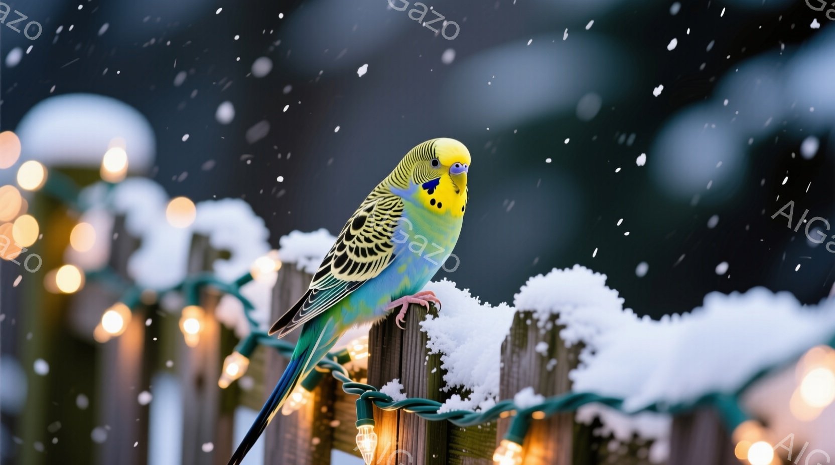 セキセイインコが雪の積もった木の柵にとまっており、その鮮やかな青と黄色の羽毛が際立っている。背景にはぼやけたクリスマスライトが点在し、冬の幻想的な雰囲気を醸し出している。インコの表情は穏やかで、冷たい冬の風景の中でひときわ明るい存在感を放っている。