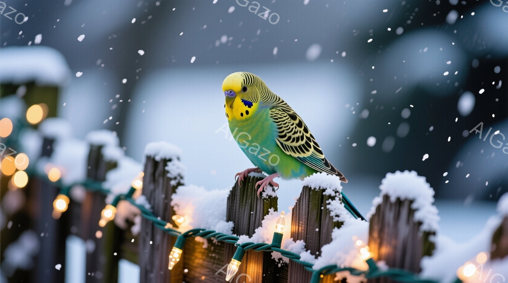 雪が舞う中で、鮮やかな緑色のセキセイインコが雪で覆われた木の柵にとまっています。インコは少し身を乗り出し、鋭い眼差しで何かを見つめているようです。背景にはぼんやりとした景色が見え、キラキラと光るクリス - AI生成フリー素材