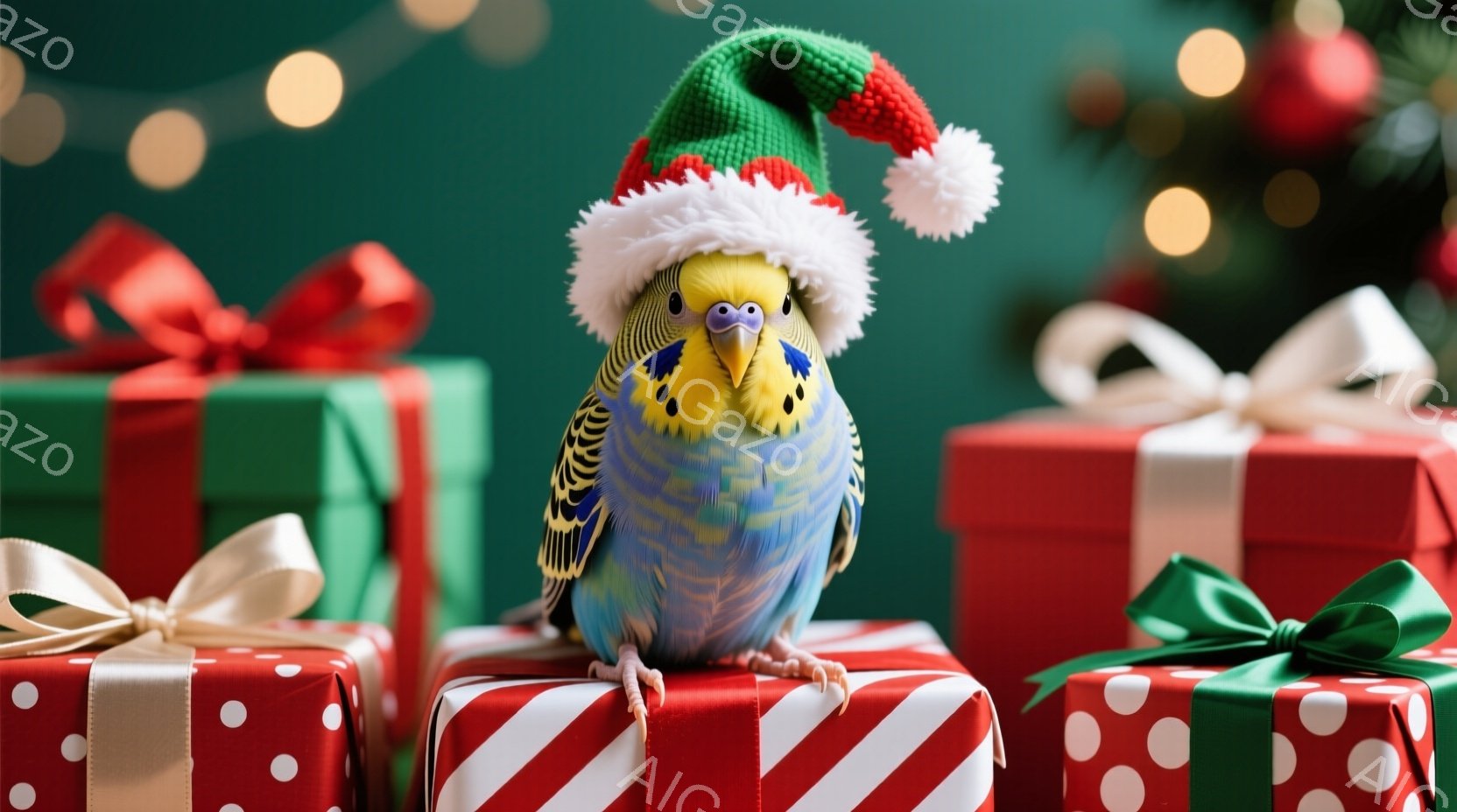インコがクリスマスの帽子をかぶり、プレゼントの山の上に立っている様子が写っている。背景にはクリスマスツリーの飾りとぼんやりとした光が散りばめられ、華やかな祝祭の雰囲気を醸し出している。インコは前を向き - AI生成フリー素材