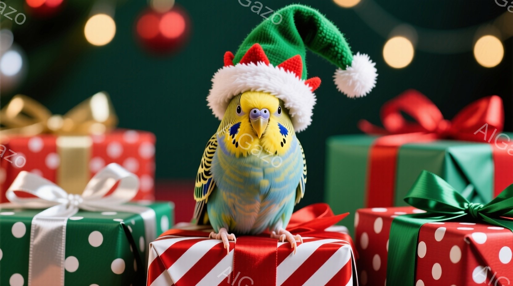 セキセイインコがクリスマスのプレゼントの山の上に立っており、頭にはサンタ帽をかぶっています。背景には、ぼやけたクリスマスツリーの飾りと、赤と緑の包装紙で包まれたプレゼント箱が並んでいます。全体的に、温 - AI生成フリー素材