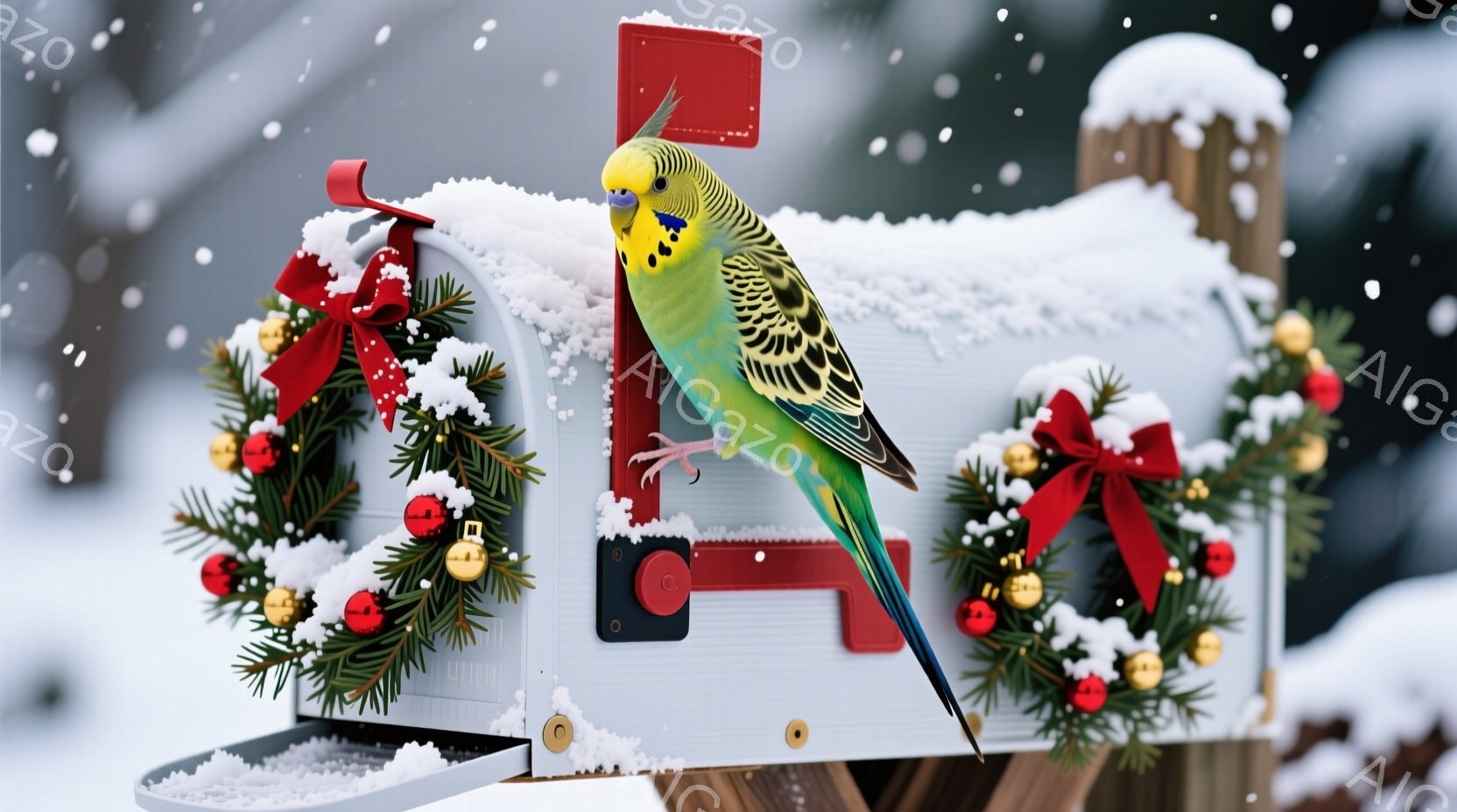 雪が降る中、飾り付けられた郵便受けにオカメインコが止まっています。郵便受けはクリスマス風に、赤いリボンと緑の葉っぱで飾られており、雪で覆われています。背景は雪景色で、静かで穏やかな冬の雰囲気が漂ってい - AI生成フリー素材