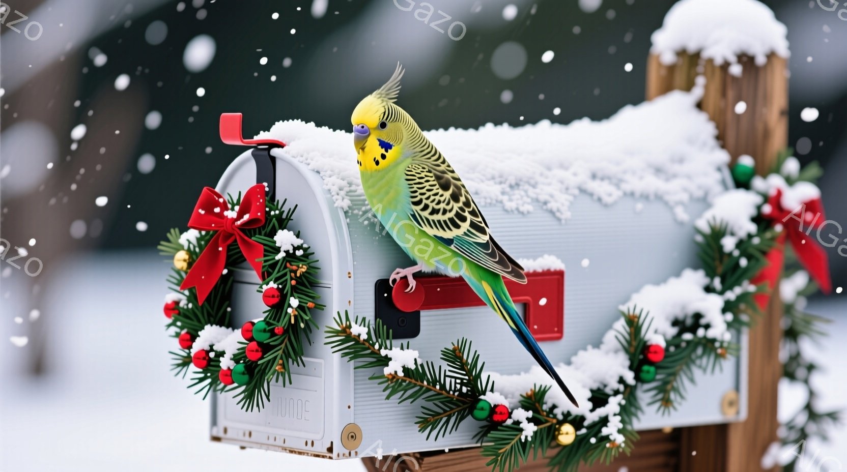 雪が舞う中で、白い郵便受けにセキセイインコがとまっています。郵便受けはクリスマスリースで飾られ、雪が積もっています。背景はぼやけた自然で、冬の静かで穏やかな雰囲気を醸し出しています。 - AI生成フリー素材