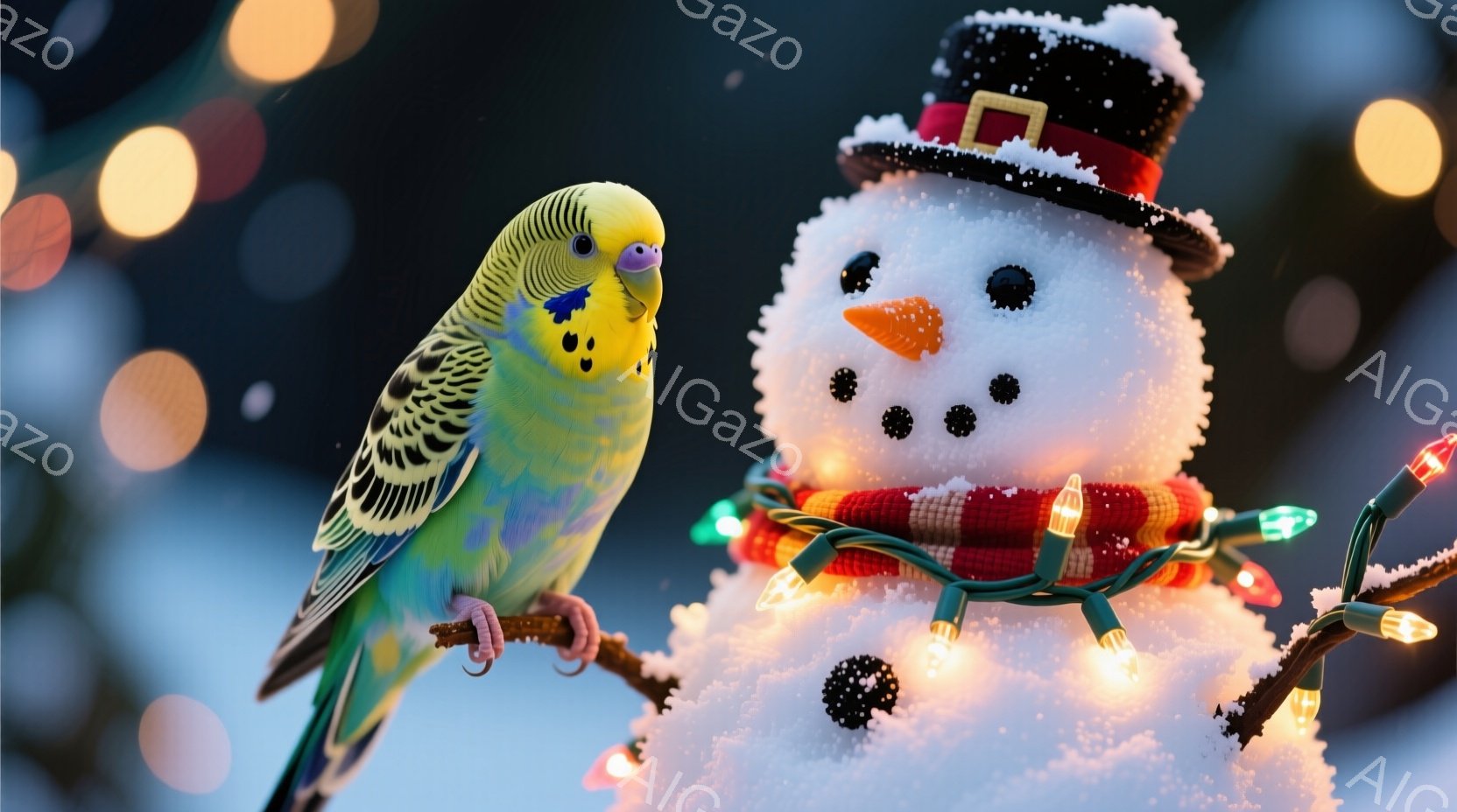 明るい緑と黄色のセキセイインコが木の枝に止まり、雪だるまと共に写っている。雪だるまは、黒い帽子と赤い縞模様のマフラーを身につけ、にんじんの鼻と黒いボタンの目を持つ。背景にはぼやけた光が点在し、冬の温かく幻想的な雰囲気を醸し出している。