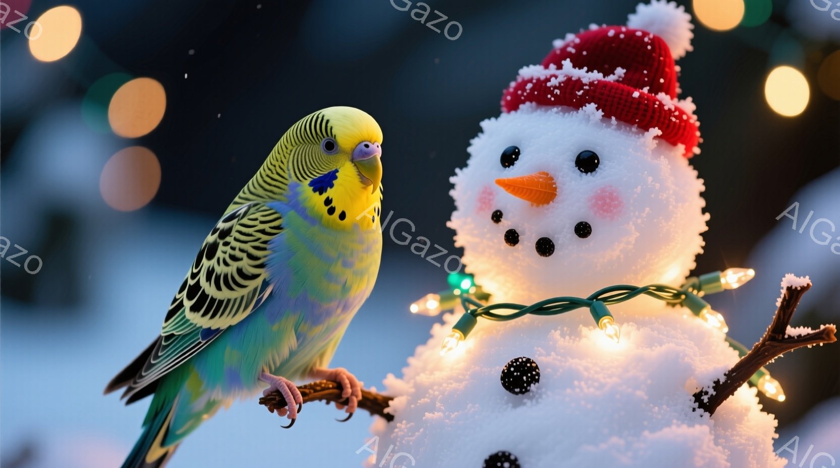 インコが雪だるまの横の枝にとまっています。雪だるまは赤い帽子をかぶり、にんじんの鼻と黒い目でできており、緑色のクリスマスライトで飾られています。背景はぼやけた光で、雪景色が広がっており、冬の暖かく穏やかな雰囲気を醸し出しています。