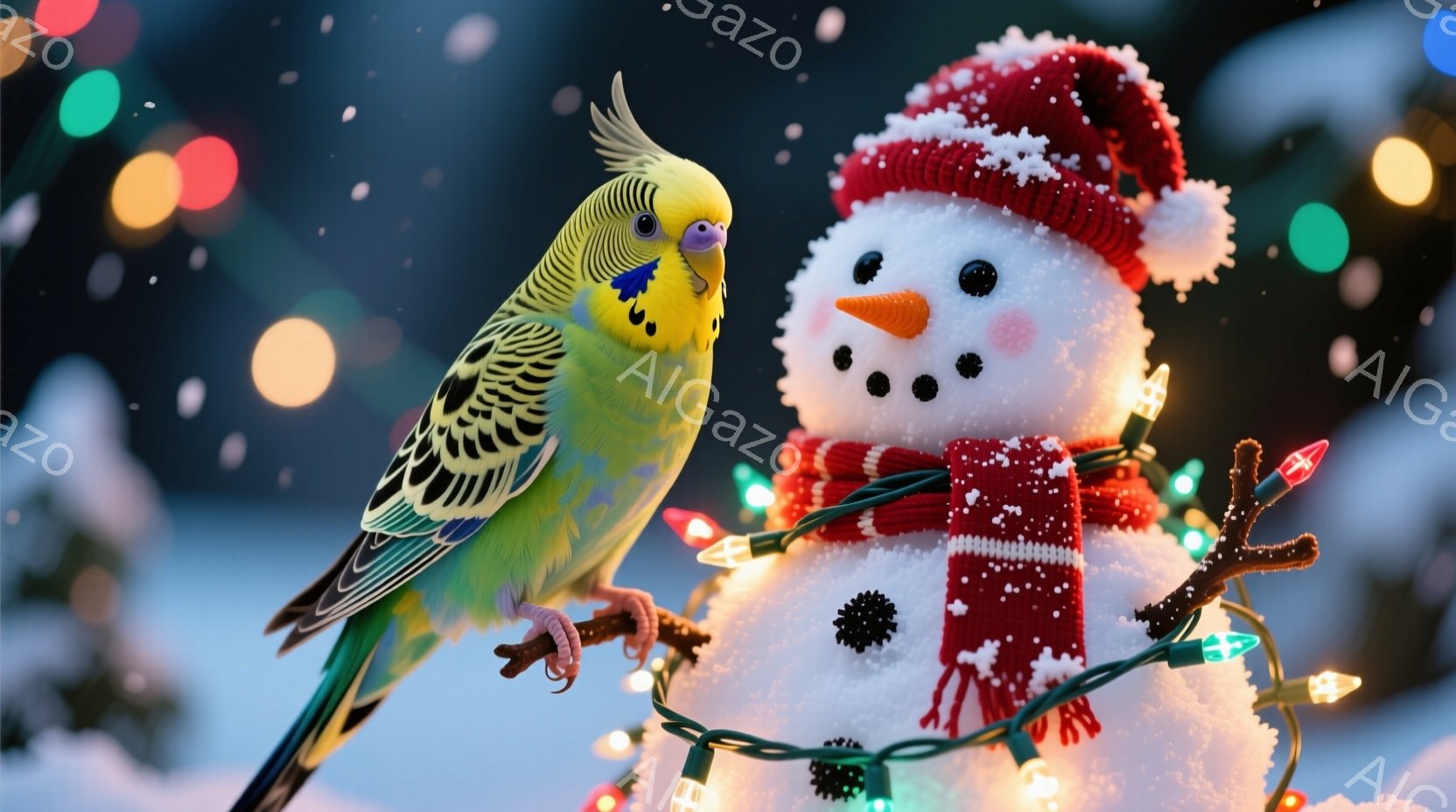 セキセイインコが枝にとまっており、背景には雪だるまがいます。雪だるまは赤いニット帽と赤いマフラーを身につけ、つぶらな目で楽しそうに見えます。背景は雪景色で、キラキラと輝くクリスマスライトが飾られ、暖か - AI生成フリー素材