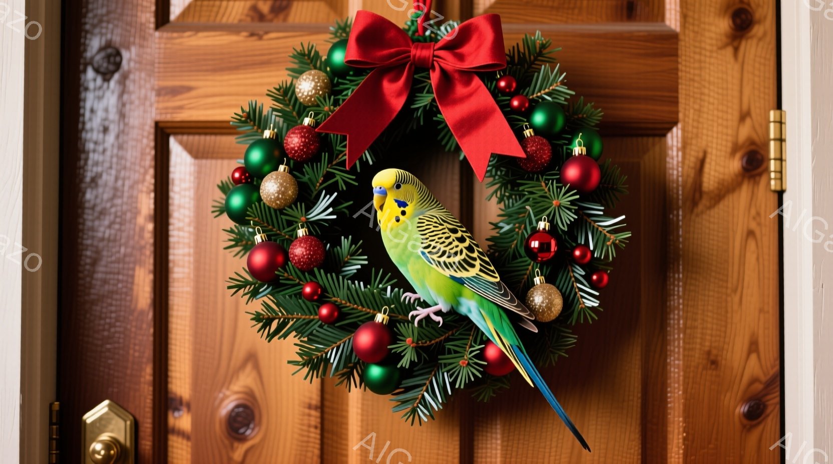鮮やかな緑色のセキセイインコが、クリスマスリースに止まっています。リースは常緑の葉で飾られ、赤と金色のオーナメントと赤いリボンがついています。背景は木製のドアで、暖かく、お祝いムードを醸し出しています。