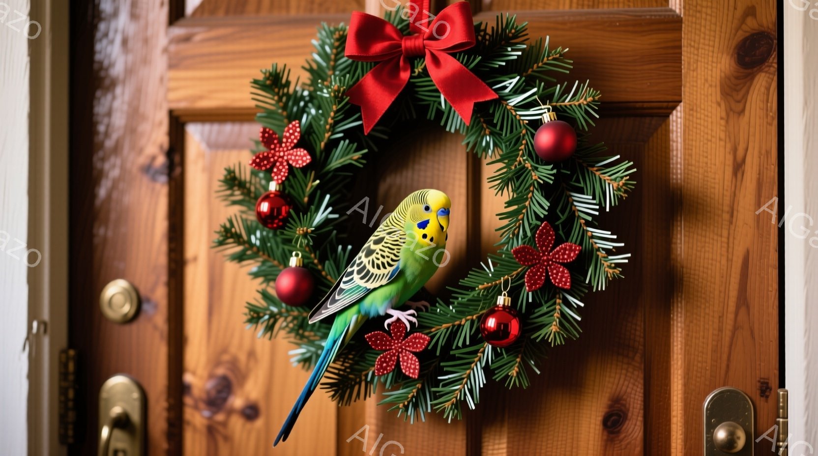 鮮やかな緑色のセキセイインコが、クリスマスリースに止まっています。リースはモミの枝でできており、赤いオーナメントと赤い水玉模様のリボンで飾られています。背景は木製のドアで、温かく、お祝いの雰囲気を醸し - AI生成フリー素材