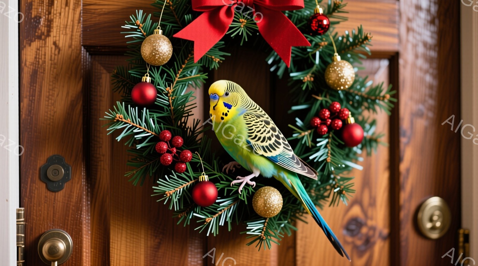 鮮やかな緑色のインコが、赤い実と金色のオーナメントで飾られたクリスマスリースに止まっています。背景は木製のドアで、ハンドルや鍵穴が確認できます。全体的に、温かく、お祭り気分を盛り上げるような雰囲気です - AI生成フリー素材