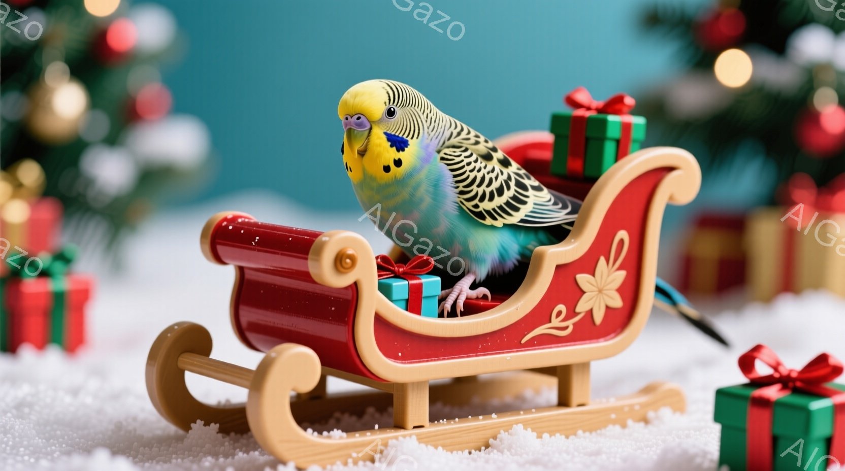 セキセイインコが小さな赤いソリに乗ってプレゼントの箱に囲まれています。インコは鮮やかな青、白、黄色の羽を持ち、ソリに座って前方を向いています。背景にはぼやけたクリスマスツリーと、雪で覆われた地面が見え - AI生成フリー素材