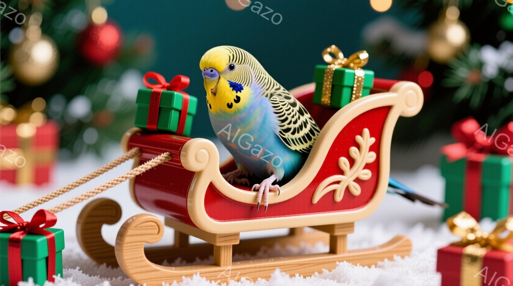 一羽のセキセイインコが、赤いそりに座って、プレゼントの箱に囲まれています。そりは白い雪の上に置かれ、背景にはクリスマスツリーのぼやけた緑色が広がっています。全体的に、クリスマスの温かく、お祝いの雰囲気 - AI生成フリー素材