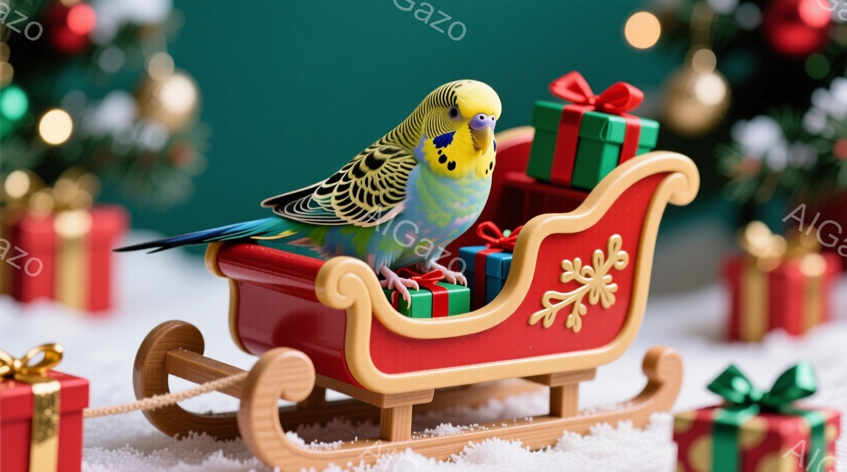 セキセイインコが赤いソリに乗ってプレゼントの箱と共に写っています。インコは鮮やかな青と黄色の羽を持ち、ソリの上で堂々とした姿勢をとっています。背景には雪が積もったような表現と、プレゼントの箱が散らばっ - AI生成フリー素材