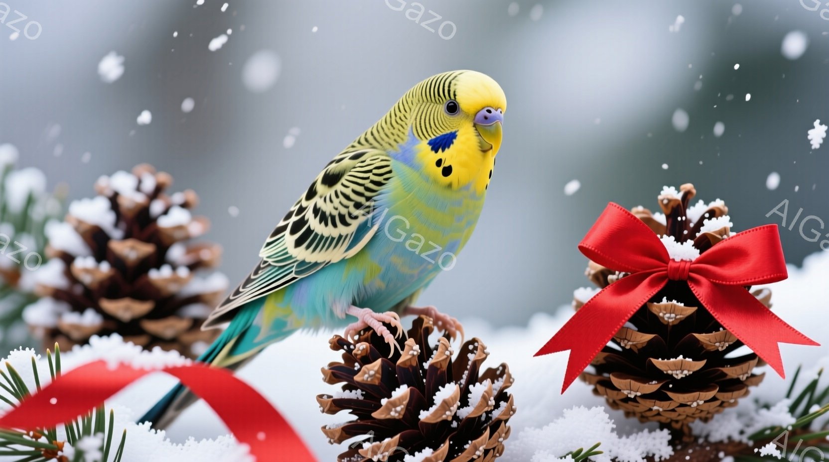 セキセイインコが、雪景色の中に置かれた松ぼっくりと赤いリボンに囲まれて描かれています。インコは鮮やかな緑と青の羽を持ち、落ち着いた表情で正面を見つめています。背景は雪が舞う冬の風景で、全体的に暖かく、お祝いの雰囲気が漂っています。