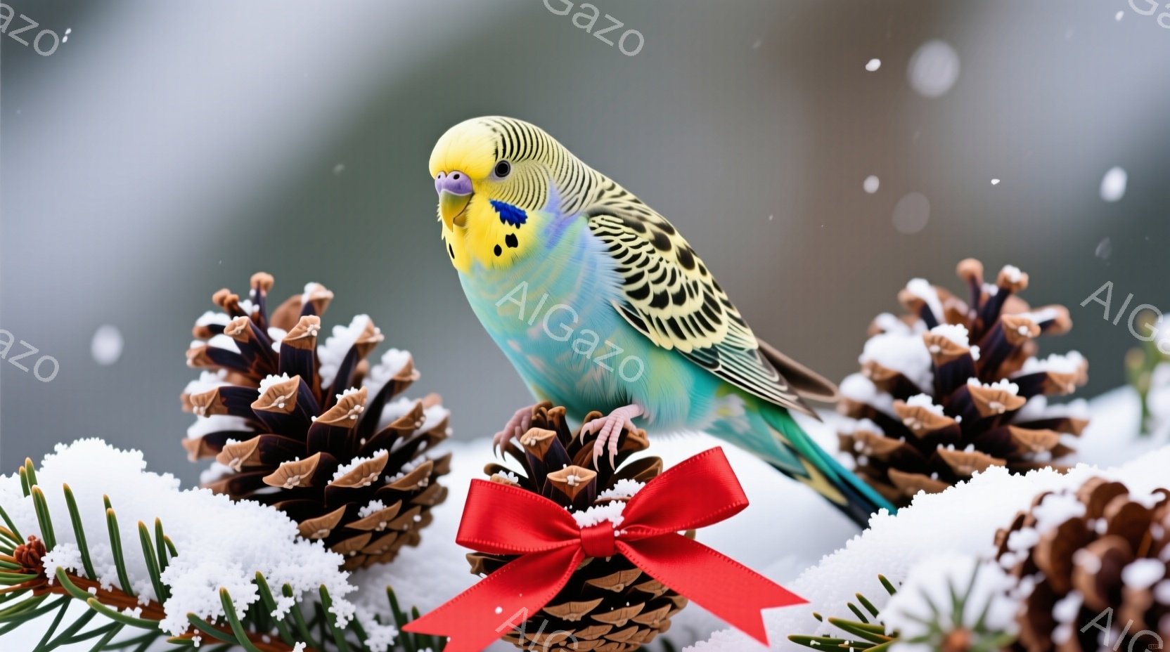 青い身体に黄色い顔を持つオカメインコが、雪に覆われた松ぼっくりの上にちょこんと座っています。赤いリボンが松ぼっくりに結ばれており、冬の装飾のようになっています。背景はぼかされており、雪が舞う冬の静かな - AI生成フリー素材