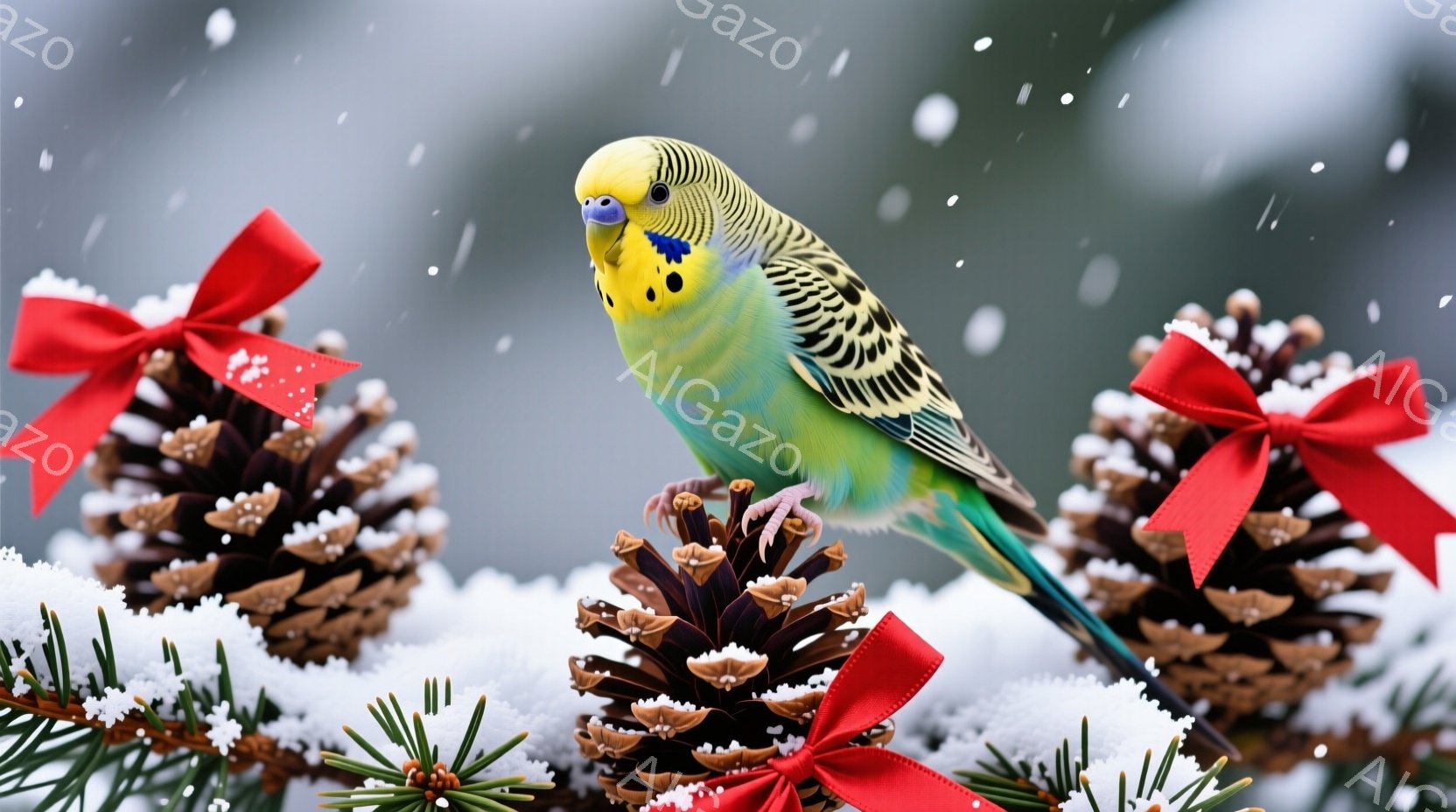 鮮やかな緑と黄色のセキセイインコが、雪で覆われた松ぼっくりの上に止まっています。赤いリボンが飾られた松ぼっくりが周囲に配置され、背景はぼやけた緑と冬の空で、雪が舞っています。全体的に、冬の祝祭の雰囲気で、可愛らしいインコがアクセントとなっています。