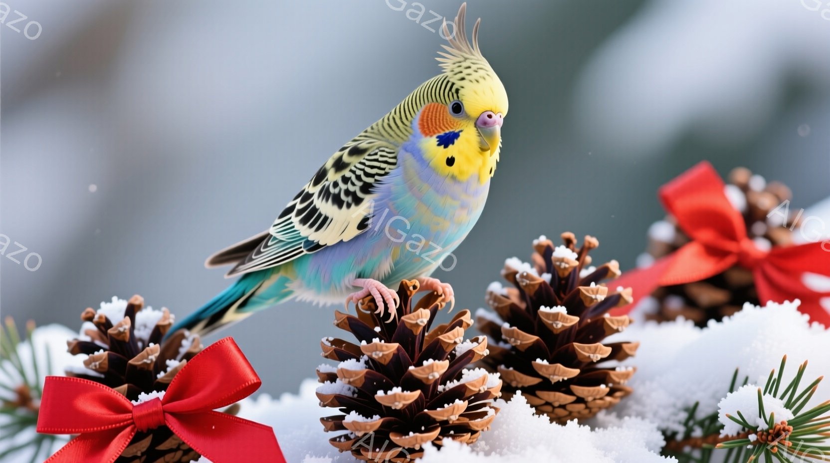 インコが雪に覆われた松ぼっくりの上に止まっています。インコは鮮やかな緑、青、黄色、黒の羽を持ち、頭部にはオレンジ色の斑点があります。背景には、赤いリボンで飾られた他の松ぼっくりがあり、全体的に冬のクリスマスの雰囲気を醸し出しています。
