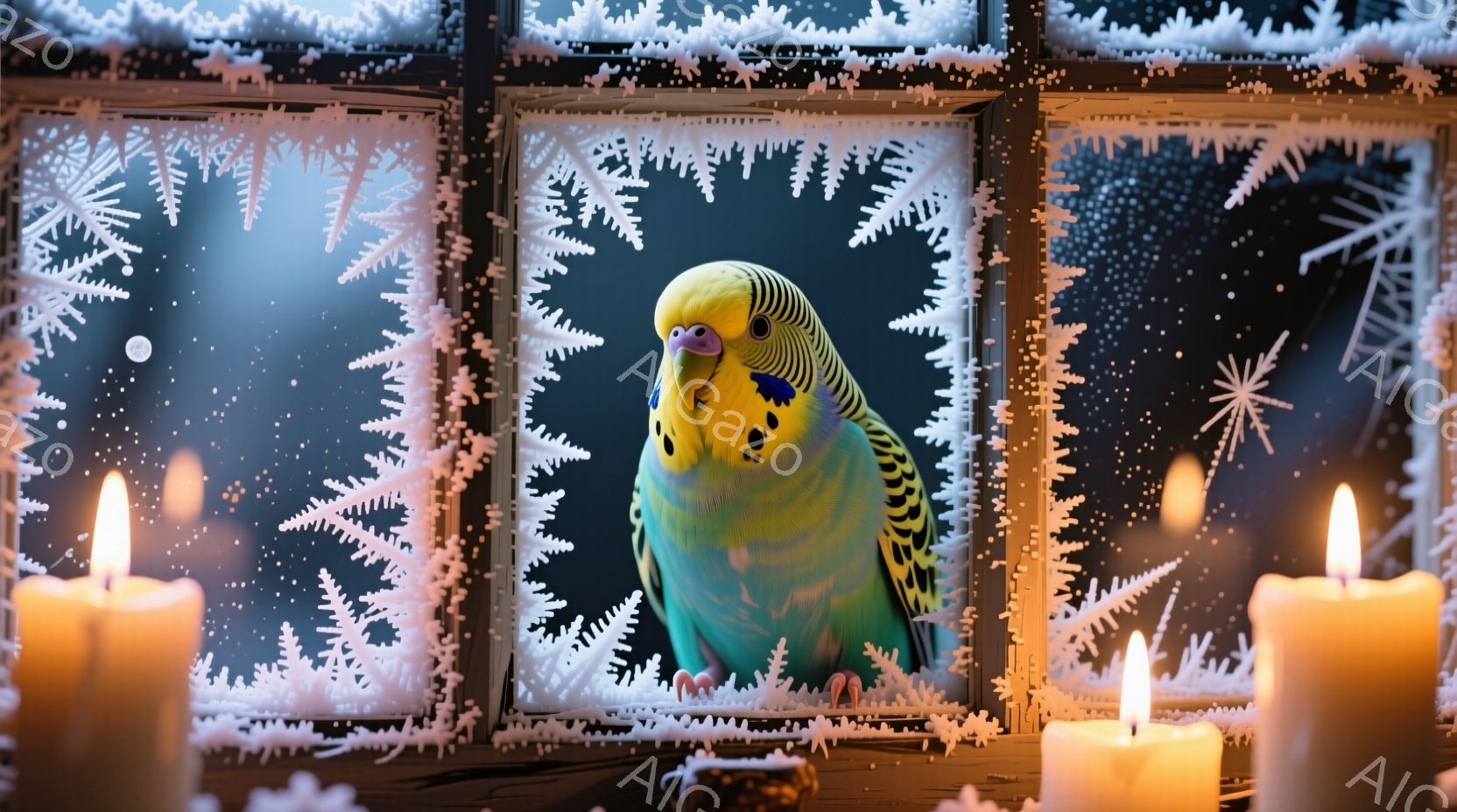 凍り付いた窓枠に、鮮やかな青と緑のセキセイインコが描かれている。インコは正面を向き、丸い瞳が印象的で、静かにこちらを見つめている。背景は暗く、雪が降る冬の夜を連想させ、窓枠に描かれた繊細な雪の結晶と、 - AI生成フリー素材