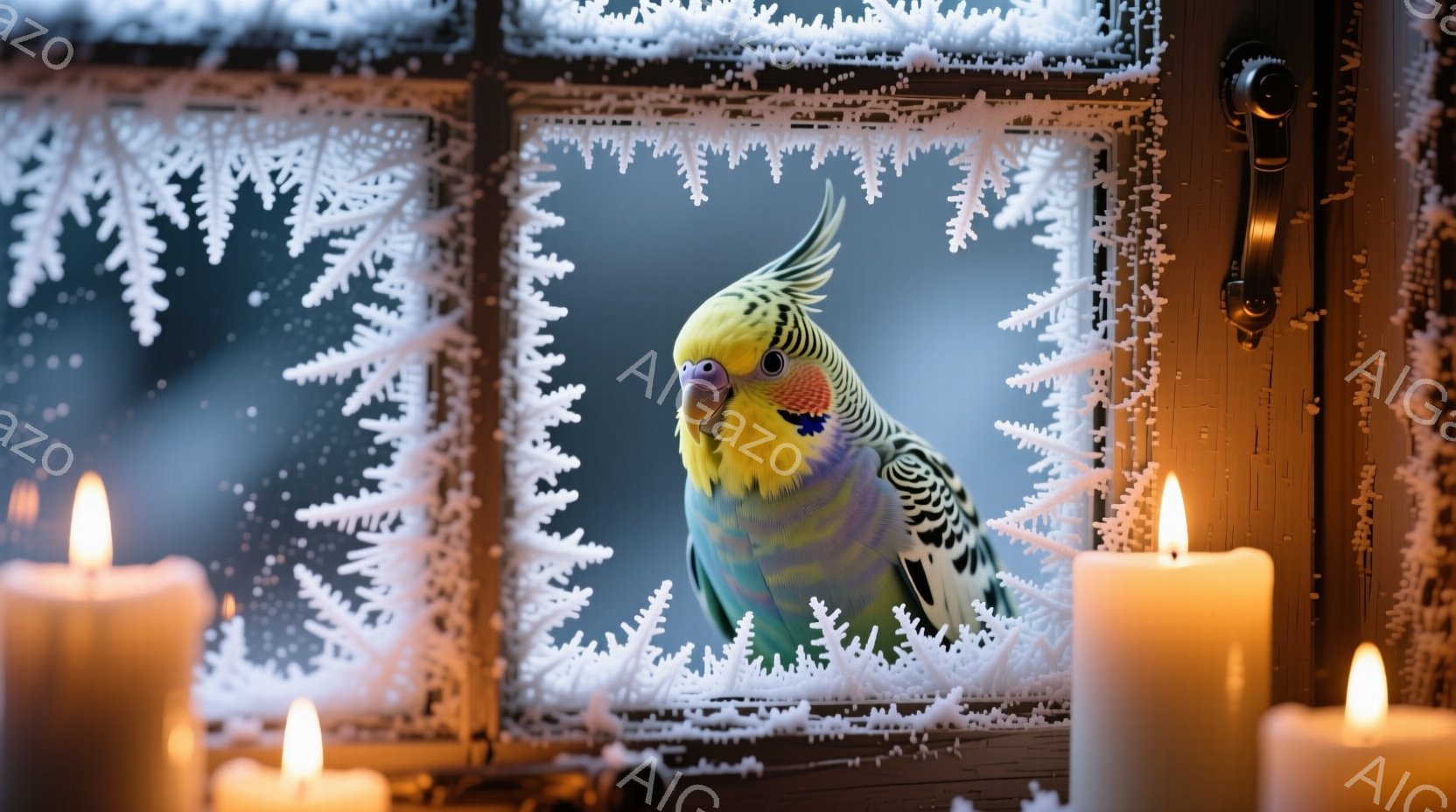 凍り付いた窓枠の中に、鮮やかなオカメインコが佇んでいます。背景は暗く、窓枠全体が霜や雪で覆われ、冬の静寂と寒さを表現しています。両脇には灯された蝋燭が置かれ、暖かく優しい光がオカメインコを照らし、対比 - AI生成フリー素材