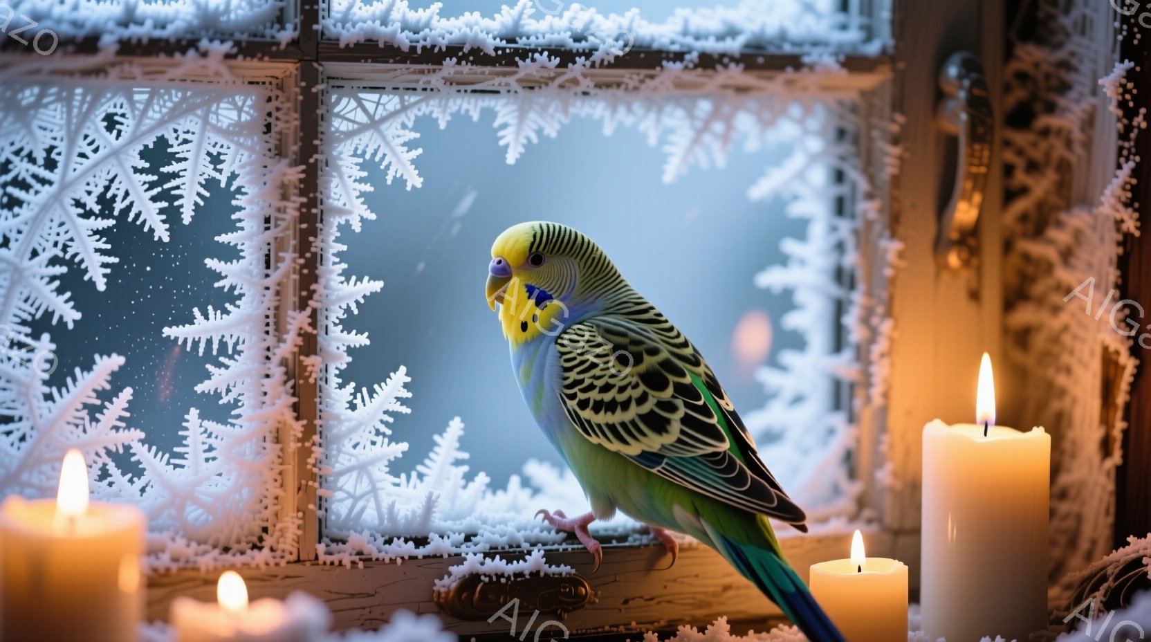 セキセイインコが雪模様の窓枠にとまっており、周囲には点灯したキャンドルが置かれている。インコは鮮やかな緑色と黄色の羽を持ち、少し下を向いた姿勢で、冬の寒さを和らげるような温かい光に照らされている。背景は雪景色で、キャンドルの炎がインコと窓枠を照らし出し、静かで幻想的な冬の雰囲気を醸し出している。
