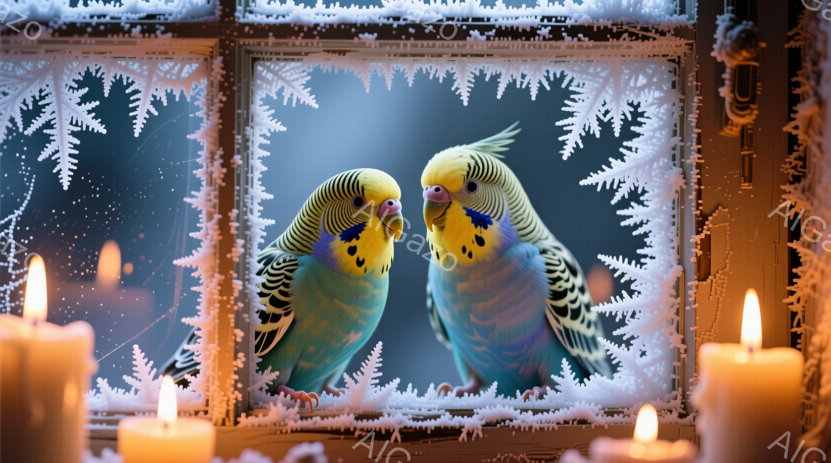 鮮やかな青と黄色のセキセイインコが二羽、互いに顔を寄せ合って寄り添っています。背景には冬の風景がぼんやりと見え、まるで雪の結晶のような装飾で囲まれた窓辺に飾られたキャンドルが暖かく灯っています。全体的に、静かで温かく、穏やかな冬の雰囲気が漂っています。