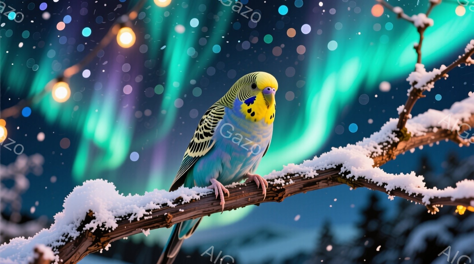 鮮やかな青と黄色のセキセイインコが、雪で覆われた木の枝にとまっている。背景には、オーロラのような光の帯が広がり、幻想的な冬の風景を作り出している。雪景色と光のコントラストが、静かで美しい雰囲気を醸し出 - AI生成フリー素材