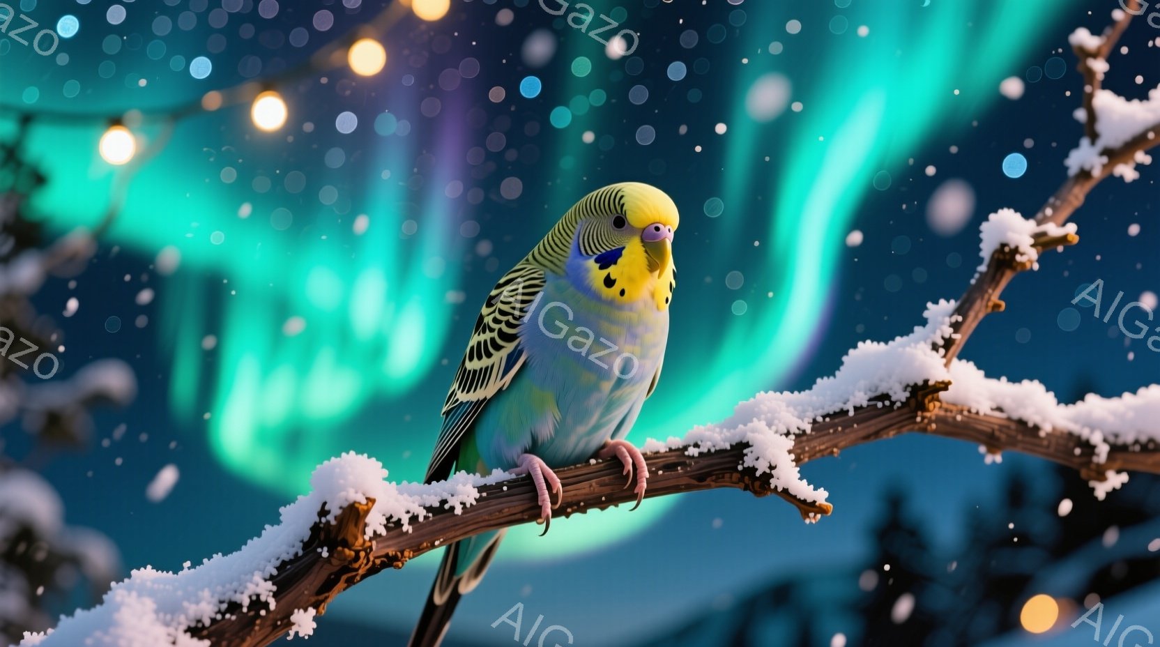 雪で覆われた枝にとまっているセキセイインコが描かれています。そのインコは、鮮やかな緑と青の羽を持ち、頭部は黄色で、小さく可愛らしい足で枝につかまっています。背景は、オーロラのような青と緑の光が輝き、雪 - AI生成フリー素材