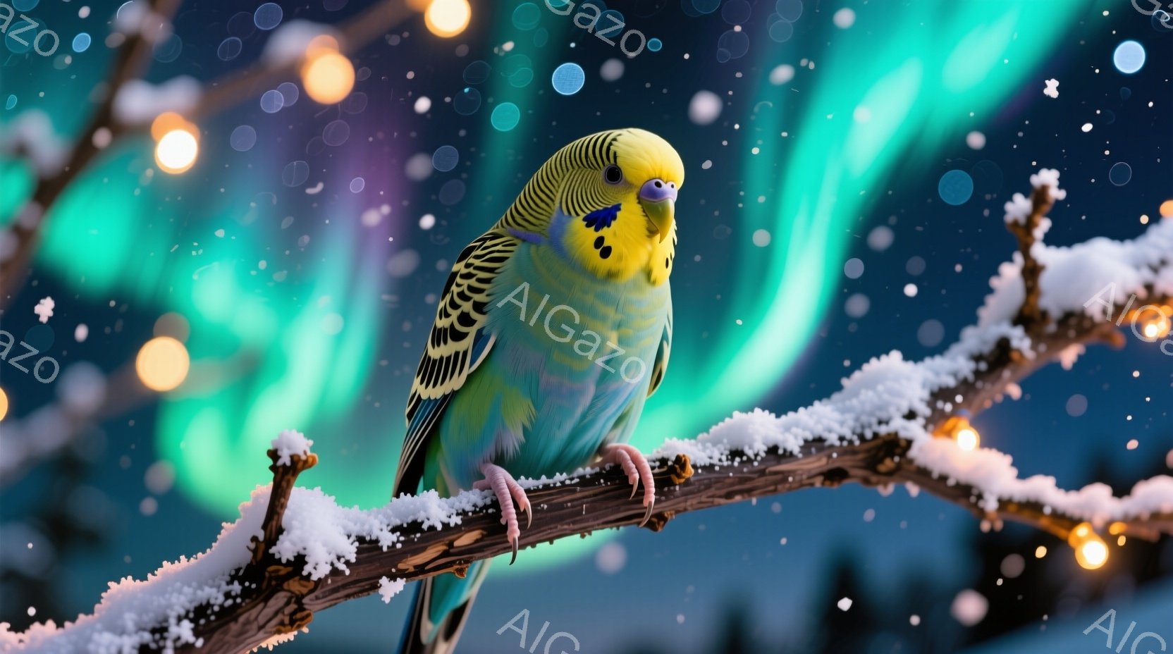 インコが雪で覆われた枝に止まっています。その羽は鮮やかな青、緑、黄色が混ざり合い、冬の風景の中で際立っています。背景にはオーロラのような光が広がり、幻想的で穏やかな雰囲気を醸し出しています。