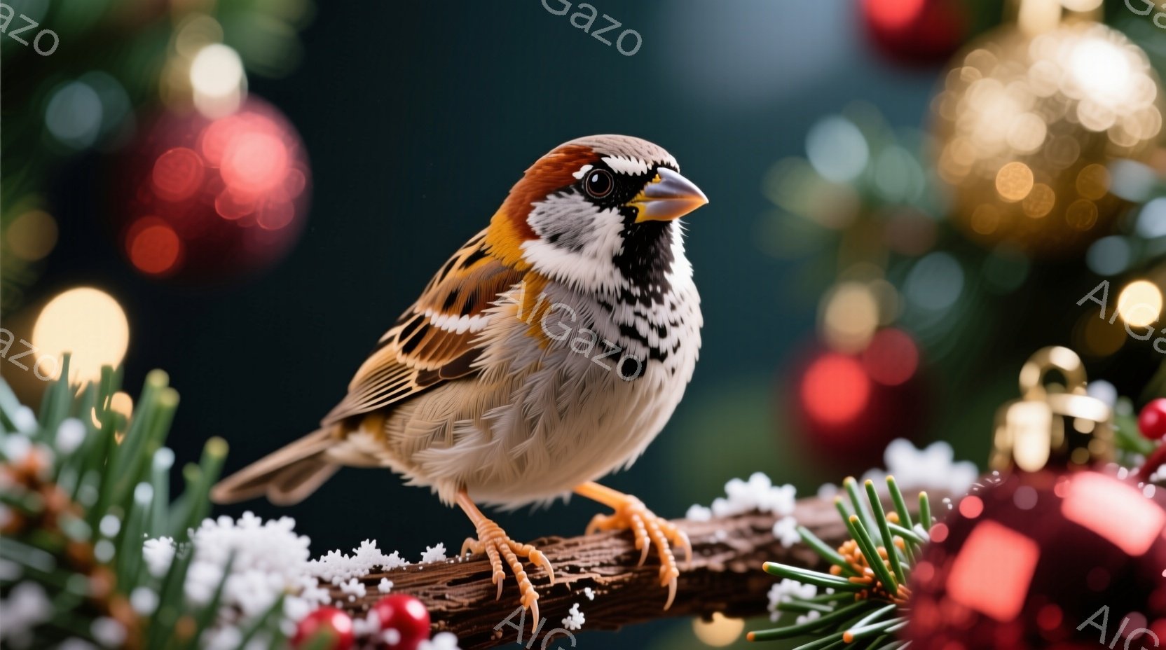 小さなスズメが雪が積もった木の枝にとまっており、茶色と白の羽毛が特徴的です。その表情は好奇心に満ちており、丸い黒い目がこちらを見つめています。背景には、ぼやけた赤いオーナメントと緑の針葉樹が見え、クリスマスの季節を思わせる暖かい雰囲気です。