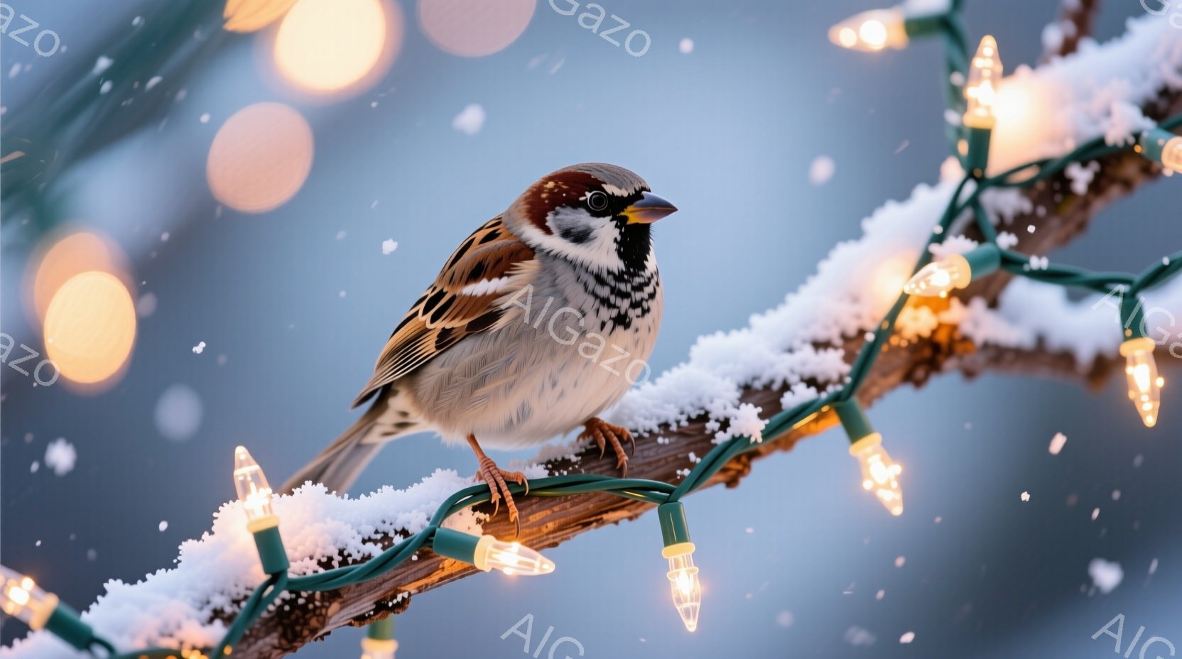 雪が降る中で、一羽の雀がクリスマスのイルミネーションの電球が並んだ枝に止まっています。雀は茶色と黒の羽毛を持ち、丸みを帯びたシルエットで、冬の寒さの中で暖を求めているように見えます。背景はぼやけており、雪の舞う冬の静寂と、イルミネーションの温かい光が対照的な、穏やかな雰囲気を醸し出しています。