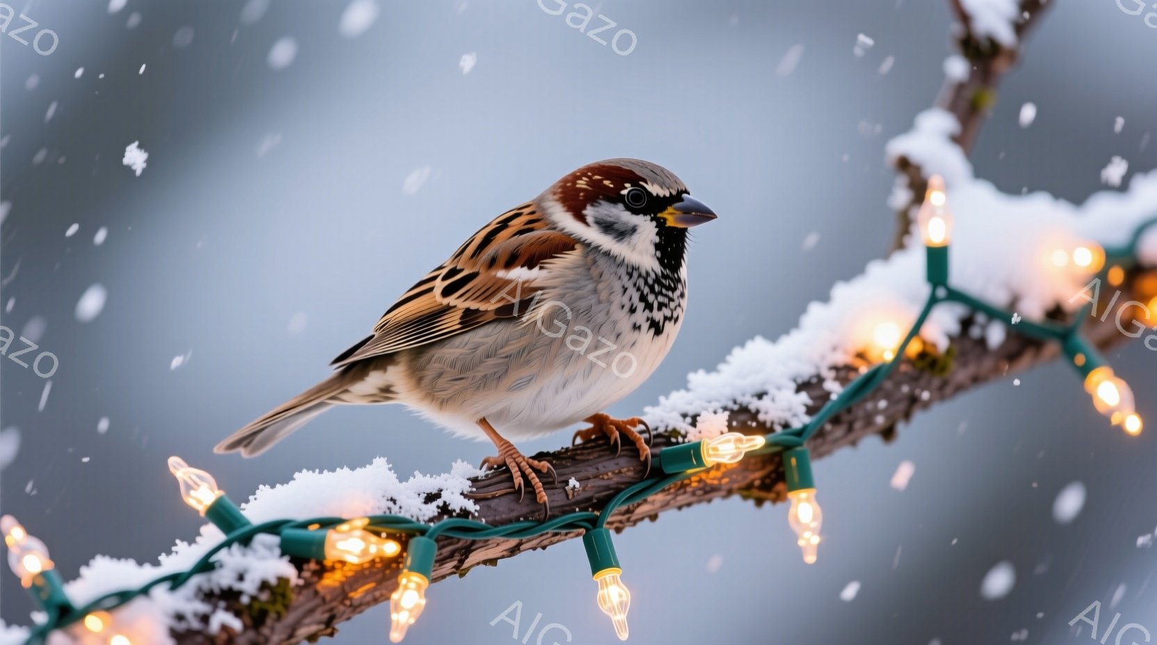 雪で覆われた枝にとまっているスズメが写っています。そのスズメは茶色と白の羽毛を持ち、鋭い目と小さなくちばしが特徴的です。背景にはぼやけた雪景色が広がり、枝にはクリスマスのイルミネーションが飾られており - AI生成フリー素材
