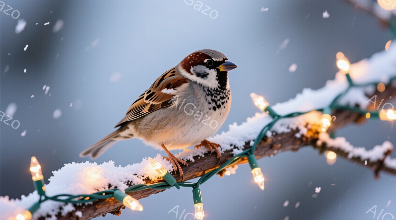 雪が積もった枝に、スズメが一羽とまっています。スズメは茶色と白の羽毛を持ち、鋭い目つきで正面を見ています。背景にはぼやけた光のイルミネーションが輝き、冬の静寂と暖かさを感じさせる雰囲気です。 - AI生成フリー素材