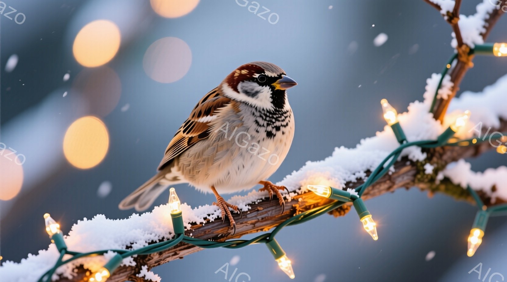 雪に覆われた木の枝に、一羽のスズメが止まっている。背景にはぼんやりとした光が灯るクリスマスライトが散りばめられ、冬の静寂と温かさを感じさせる。スズメは丸みを帯びたシルエットで、枝にしっかりと足を付けている様子が捉えられている。