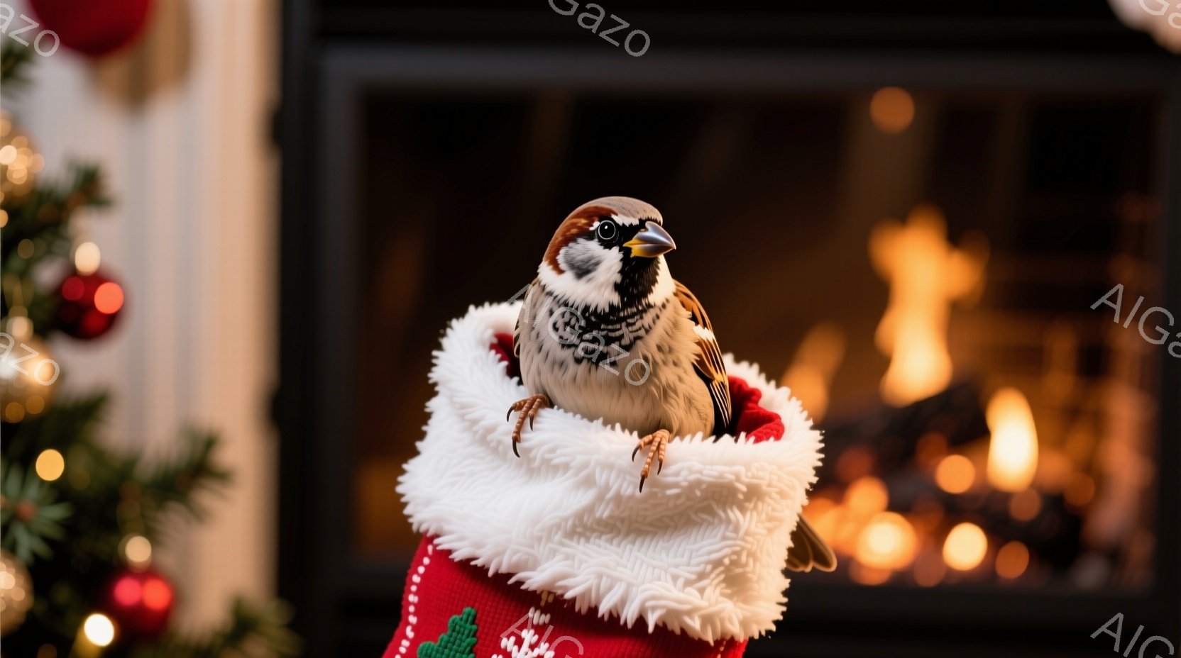 一羽のスズメが、白いファーの縁取りがついた赤いクリスマスストッキングの中に座っています。スズメは丸い目をこちらに向けており、少し警戒したような表情をしています。背景には、装飾されたクリスマスツリーと暖炉の炎が見え、温かく穏やかなクリスマスの雰囲気が漂っています。