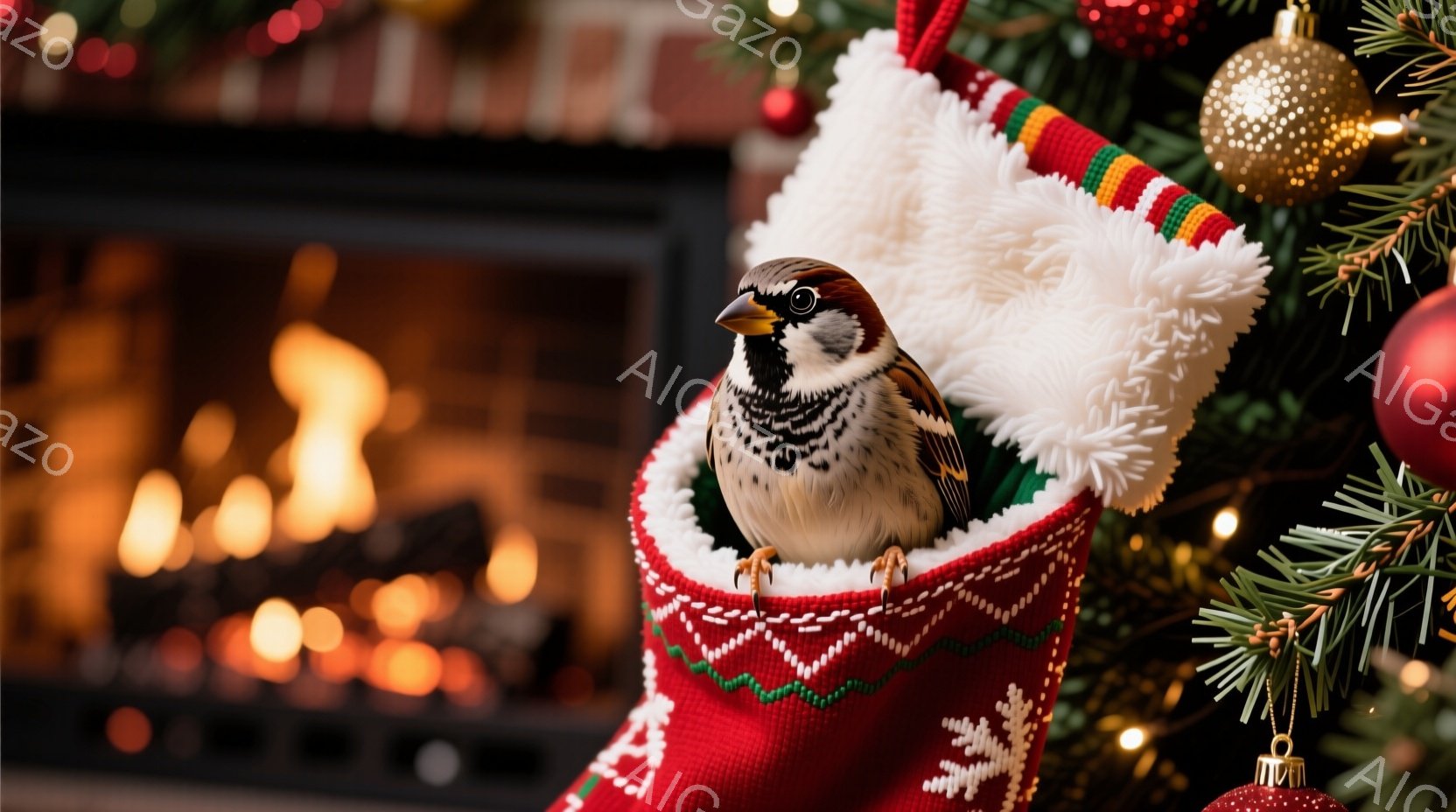 クリスマス柄の赤い靴下の中に、小さなスズメが丸まって入っています。背景にはクリスマスの飾り付けがされたクリスマスツリーと暖炉の炎が見え、温かく幻想的な雰囲気が漂っています。スズメは少し不安そうに見えつつも、靴下のふかふかとした中に身を隠している様子が可愛らしいです。