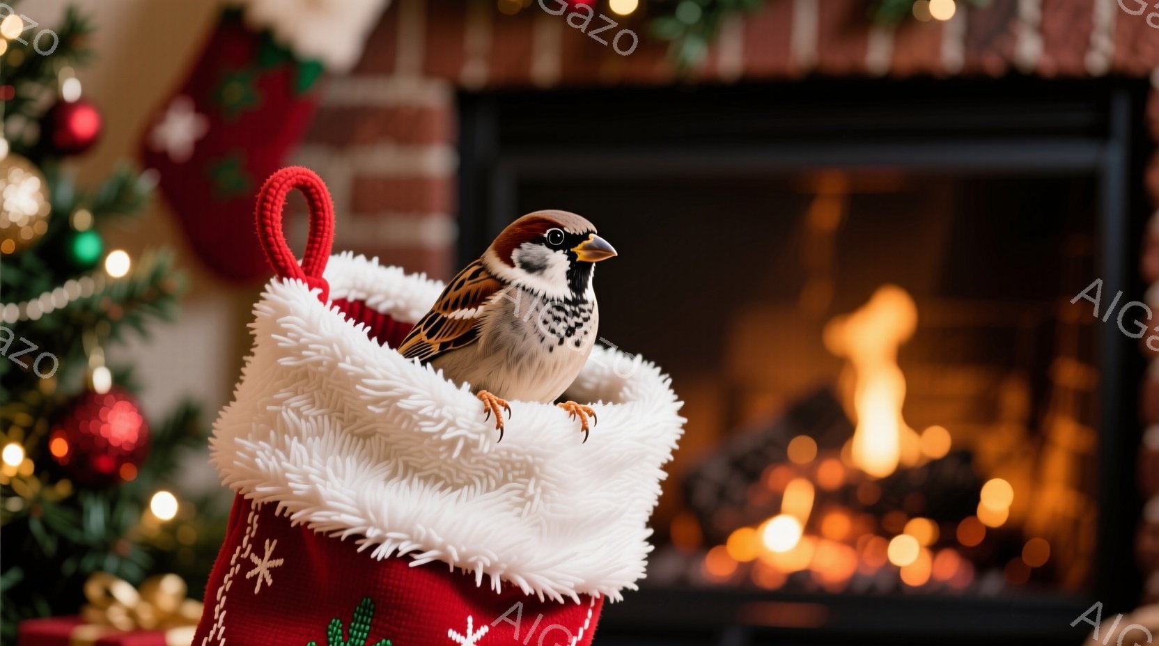 一つの小さなスズメが、赤いクリスマスストッキングの中にちょこんと座っています。ストッキングの縁にはふわふわの白い毛皮がついており、背景にはぼんやりとした暖炉とクリスマスツリーの飾りが確認できます。全体 - AI生成フリー素材