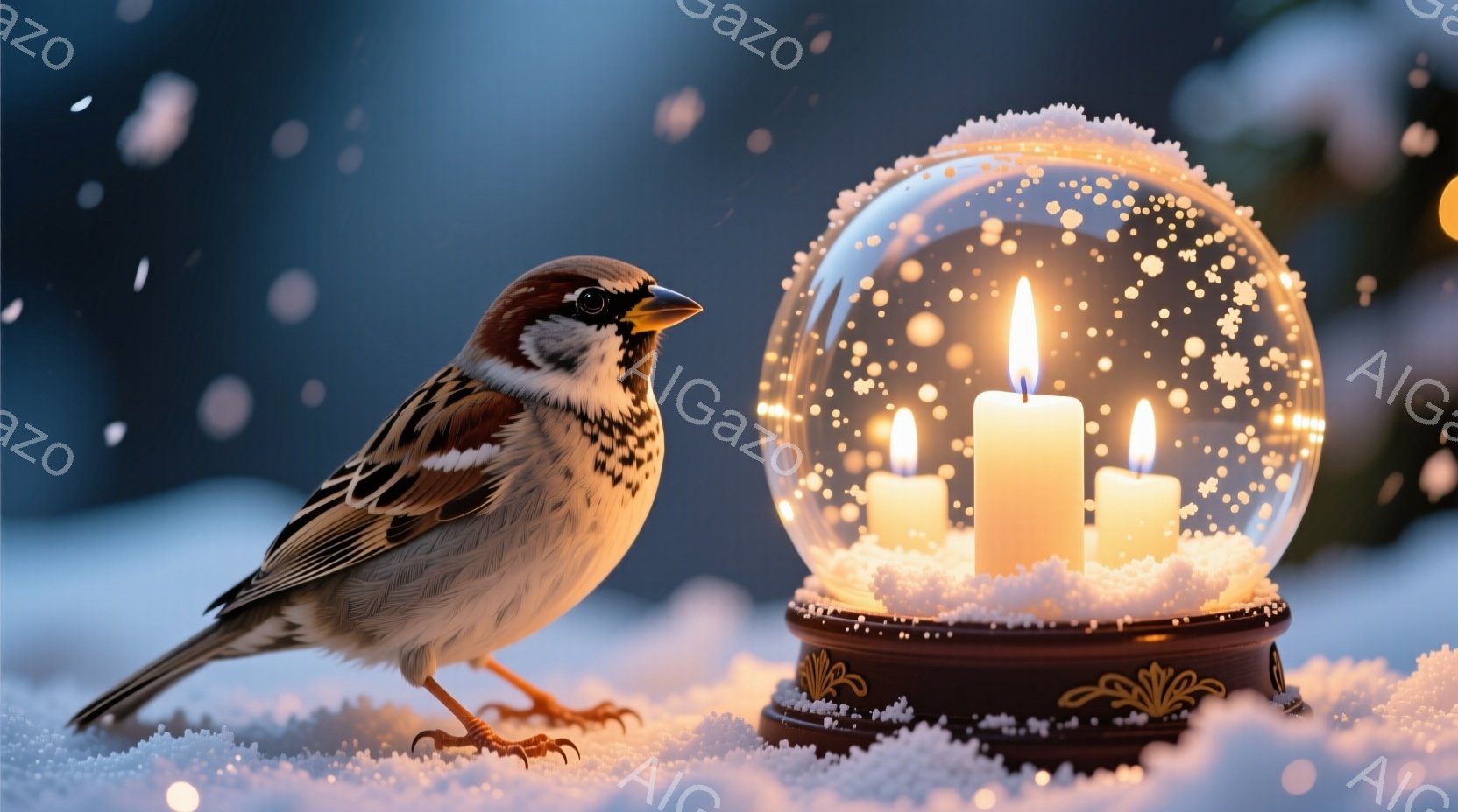 雪景色の中に、スズメが一羽、雪の上に立っています。背景には、雪で覆われた台座の上に置かれた、中にロウソクが灯るガラス製の雪球があります。全体的に、静かで穏やかな冬の雰囲気が漂っており、暖かな光が寒さを和らげています。