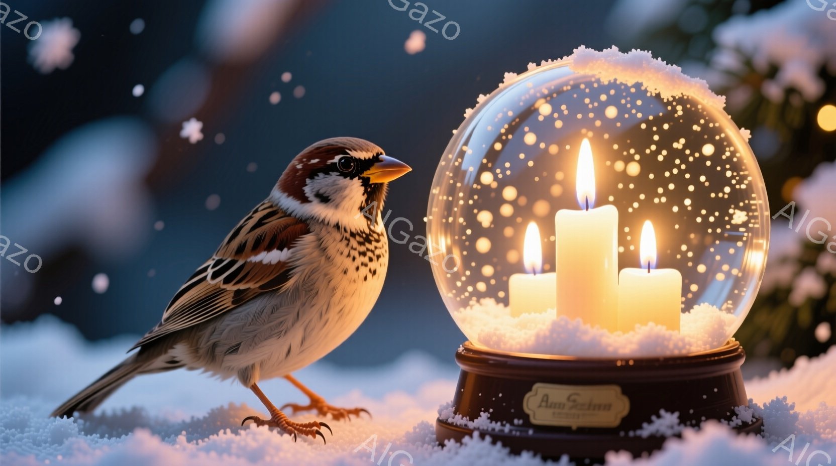雪景色の中に、スズメが一羽佇んでいます。その隣には、中に３本の火の消えないロウソクが灯された雪の玉が置かれており、冬の静寂と暖かさを感じさせます。背景は白い雪に覆われ、暖かく穏やかな雰囲気を醸し出しています。