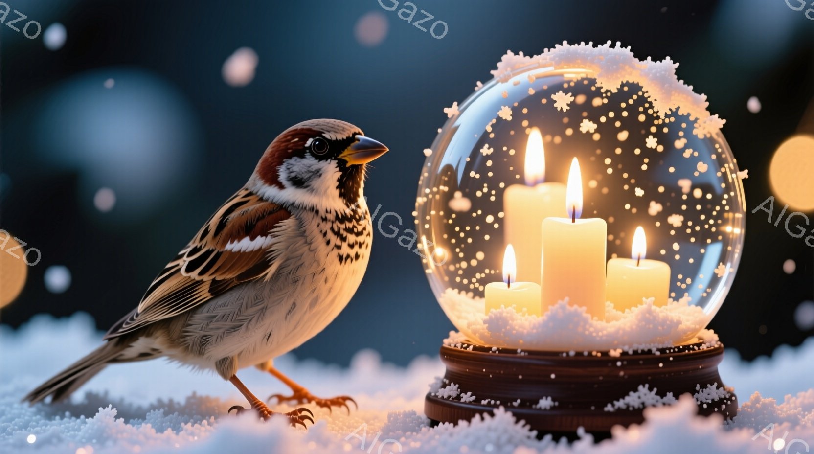雪の上に立つスズメが、クリスマスのオーナメントのようなガラスの球の中に灯された三本のキャンドルを見つめている。雪片が舞い散る暗い背景と、キャンドルの温かい光が、冬の静かで幻想的な雰囲気を醸し出している - AI生成フリー素材