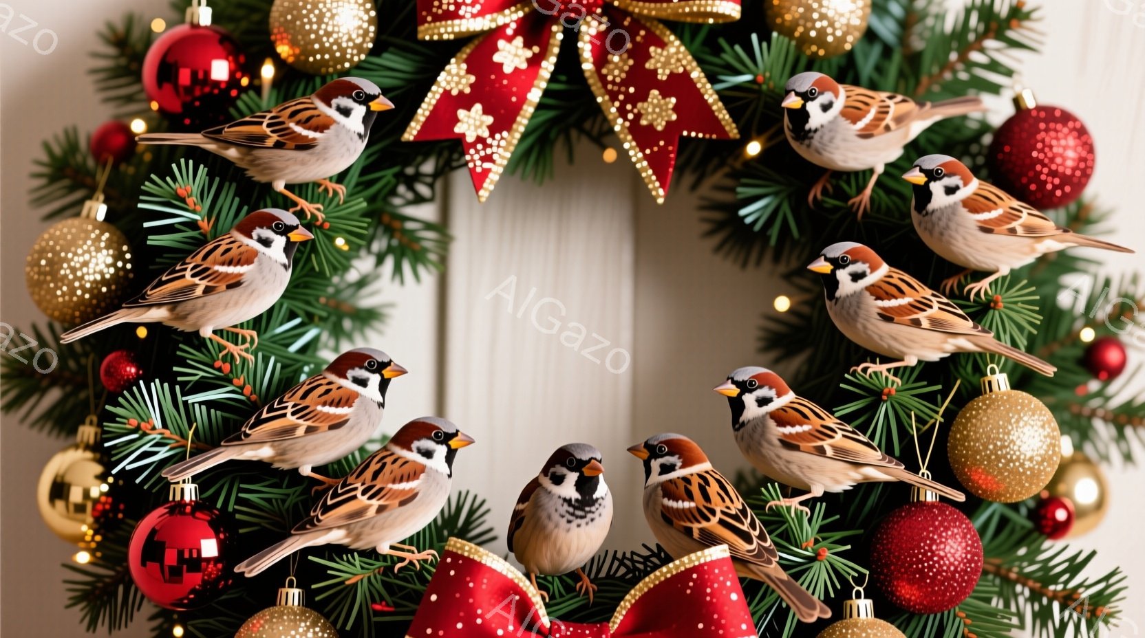 クリスマスリースにたくさんのスズメが止まっています。スズメたちはまるで飾り物のように、リースの上を飛び交い、楽しそうにしています。背景は白く、全体的に暖かく、お祝いの雰囲気が漂っています。 - AI生成フリー素材