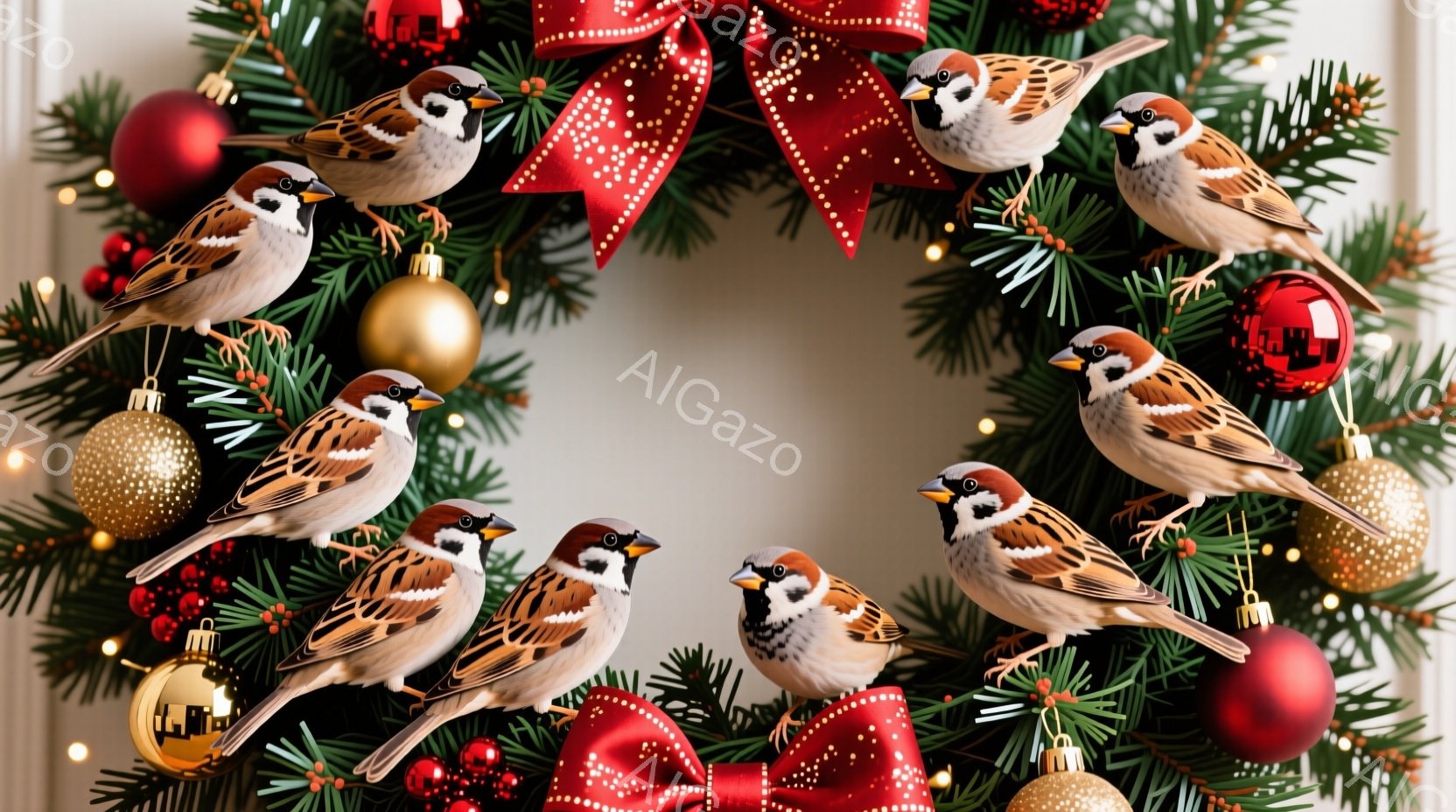 クリスマスリースにスズメが複数配置されています。スズメは同じポーズで、まるでリースを飾るように配置されており、赤い実や金色のオーナメントと調和しています。背景はぼかされており、温かく、お祝いの雰囲気が - AI生成フリー素材