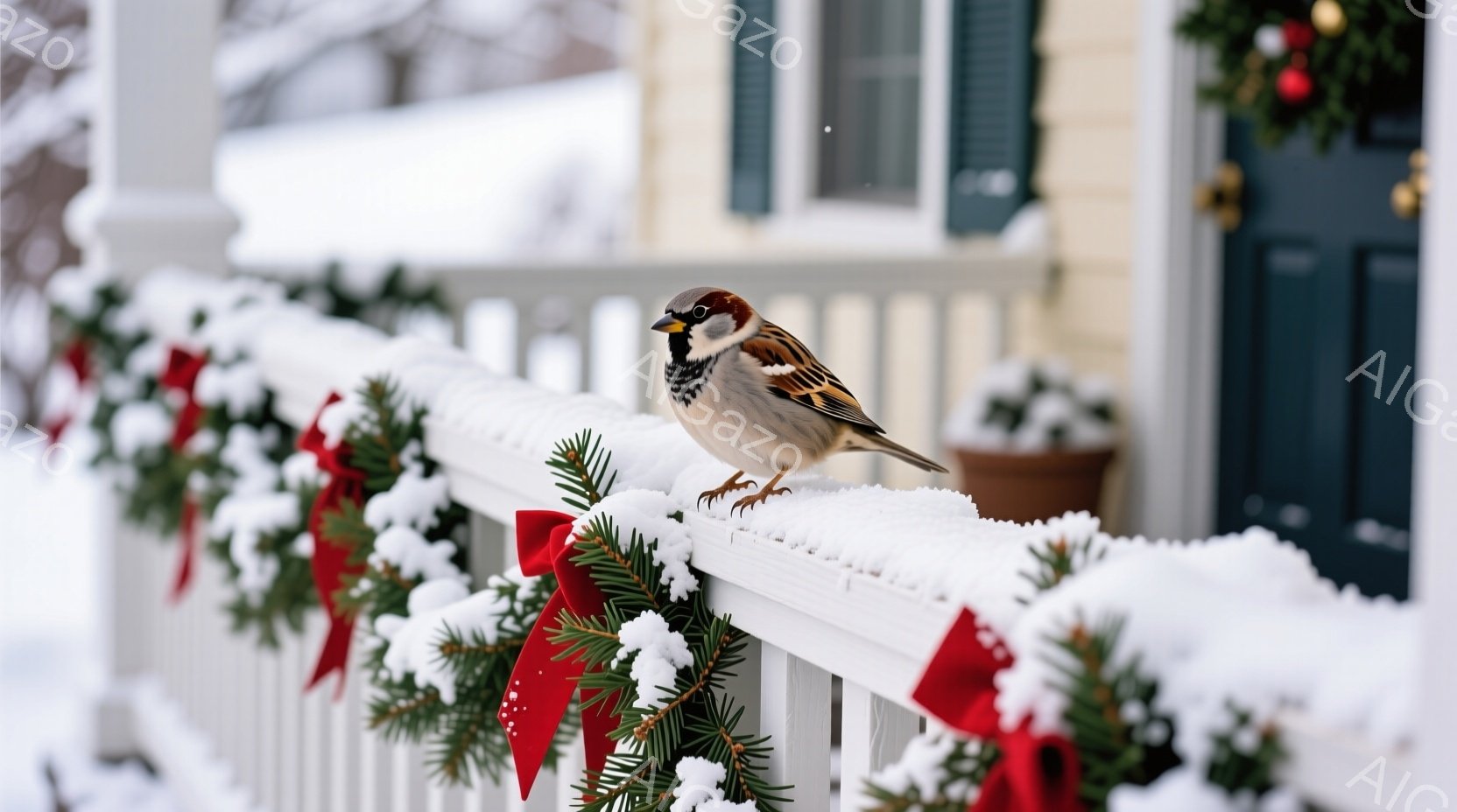 白い手すりに、胸に特徴的な模様があるスズメが止まっています。手すりは雪で覆われ、赤いリボンと常緑樹の飾りでクリスマスらしさを演出しています。背景には、雪で覆われた家と薄暗い冬の空が広がり、静かで穏やか - AI生成フリー素材