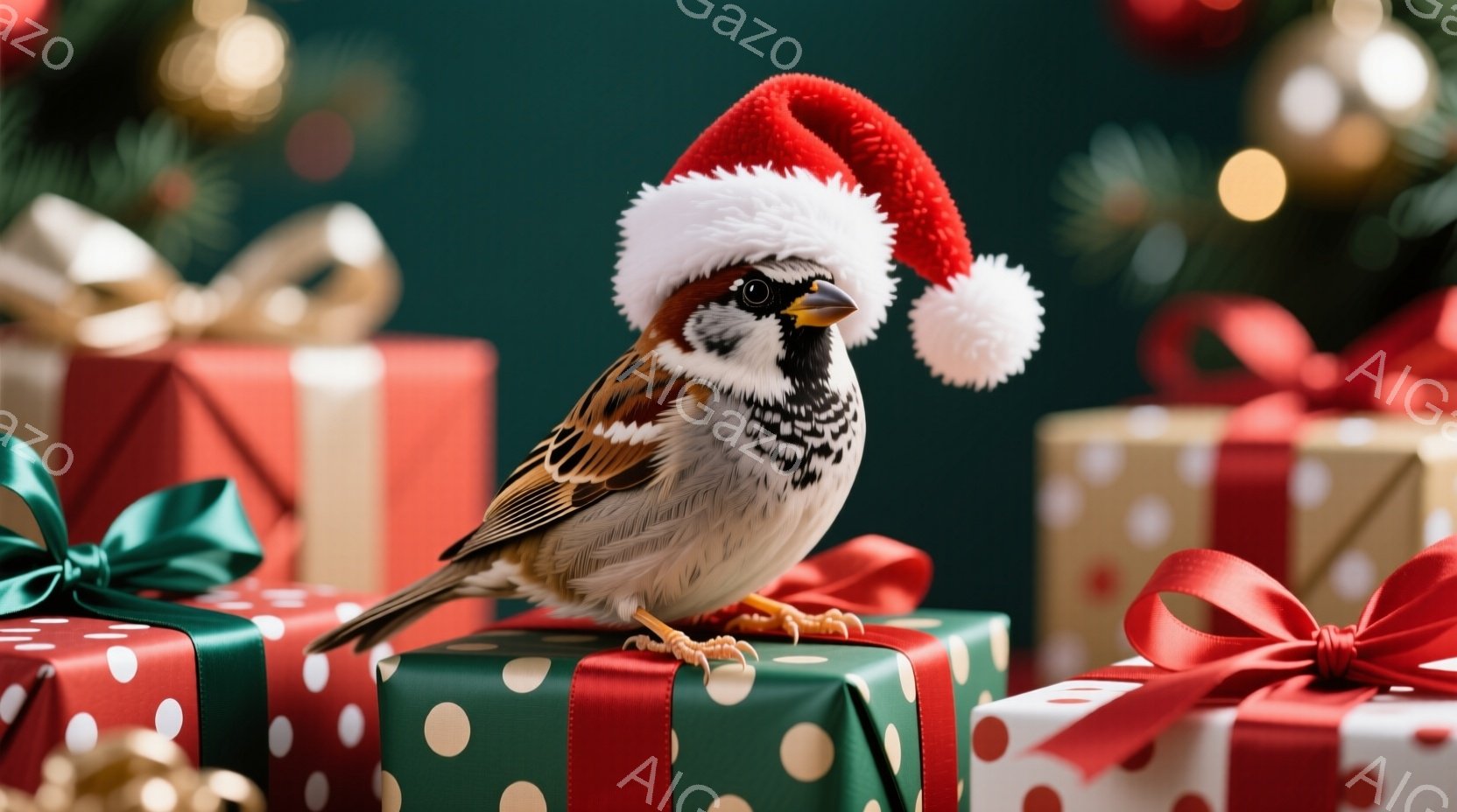 スズメがプレゼントボックスの上に立っており、頭には赤いサンタ帽をかぶっています。背景には赤と緑のドット柄のプレゼントボックスや金色のオーナメントが並び、クリスマスの雰囲気を醸し出しています。スズメは少 - AI生成フリー素材