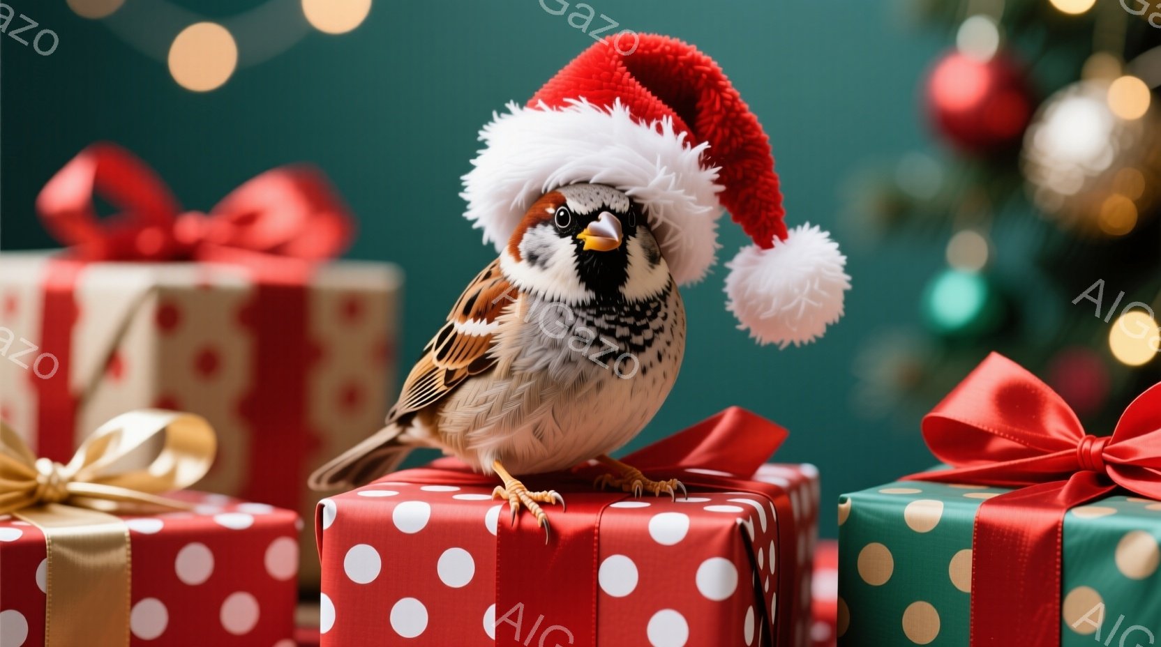 小さなスズメがクリスマスプレゼントの箱の上に座っており、頭にはサンタクロースの帽子をかぶっています。プレゼントは赤地に白のドット柄と緑地に白のドット柄で、リボンがついています。背景にはぼやけたクリスマ - AI生成フリー素材