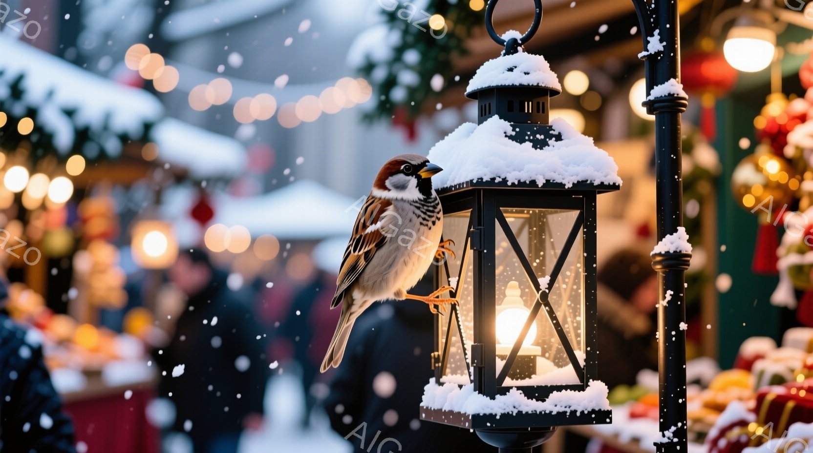 雪が舞うクリスマスのマーケットで、一羽のスズメが装飾された提灯にとまっています。提灯は雪で覆われ、中の電球が暖かく光っています。背景には、ぼやけた人々の姿やカラフルな屋台、そして雪景色が広がり、冬の暖 - AI生成フリー素材