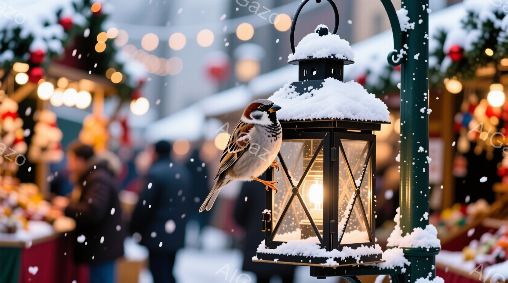 雪が舞うクリスマスマーケットの一角で、スズメが緑色の提灯の上に止まっています。提灯は雪で覆われ、内部の電球が暖かく光っています。背景には、ぼやけた人々の姿や、カラフルな装飾が施された屋台が見え、冬の祭 - AI生成フリー素材