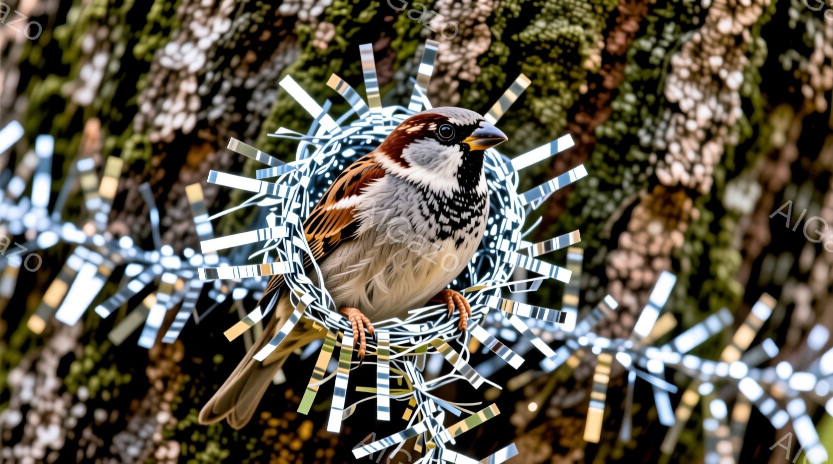 銀色のリボンで装飾された巣の中にいるスズメが写っている。スズメは茶色と灰色の羽を持ち、鋭い目で前を見据えている。背景は緑豊かな木々で、スズメとリボンの輝きが対照的で、春の訪れを感じさせる暖かい雰囲気である。